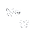 Silver butterfly stud earrings on a white background