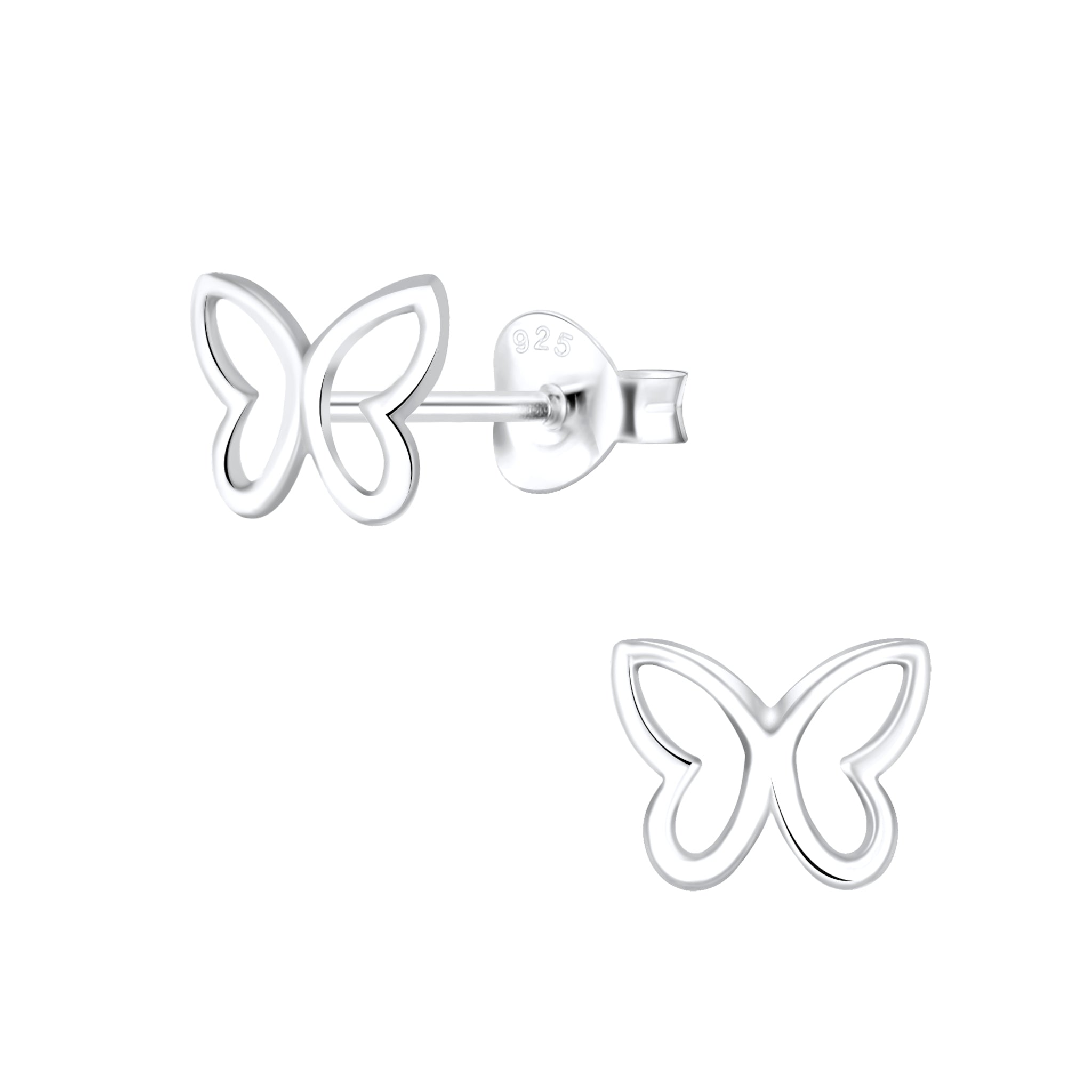 Silver butterfly stud earrings on a white background