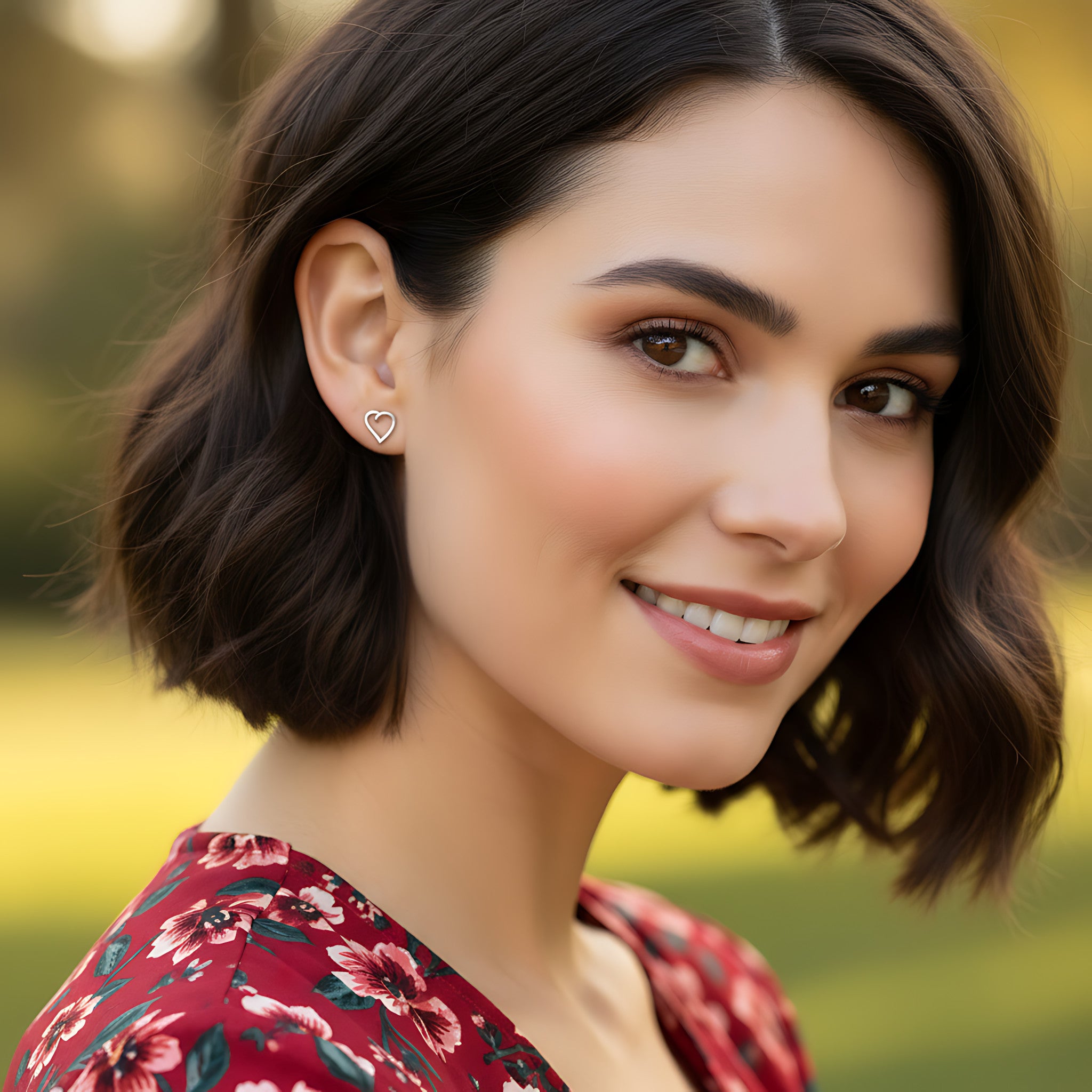 Woman with a floral top and heart-shaped stud earrings in a natural setting