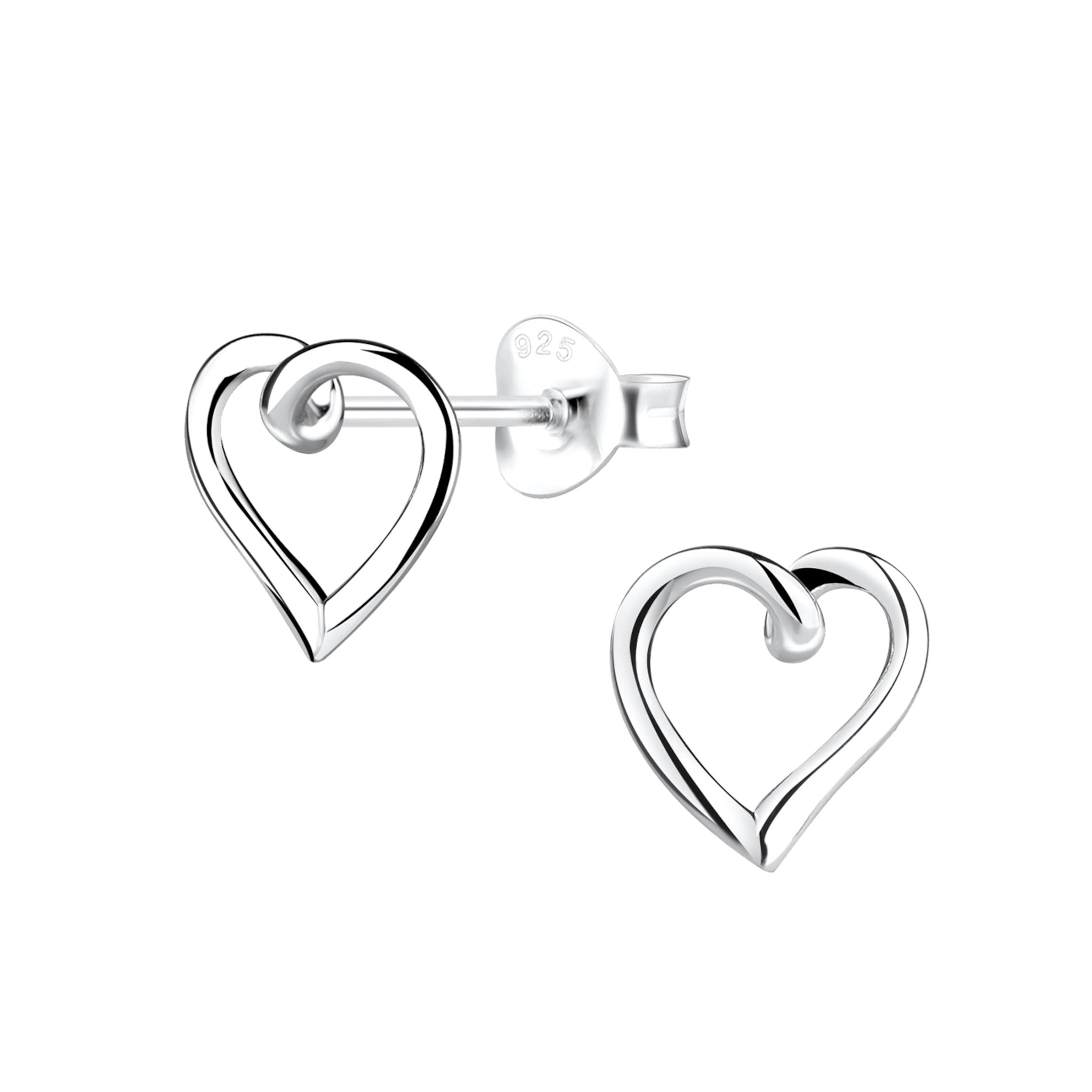 Heart-shaped silver stud earrings on a white background