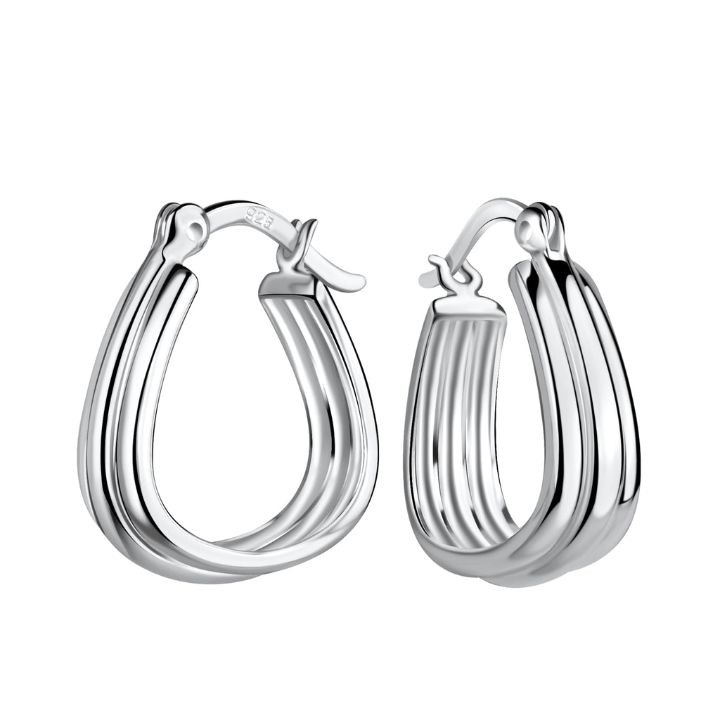 Pair of silver patterned geometric French lock hoop earrings on a white background