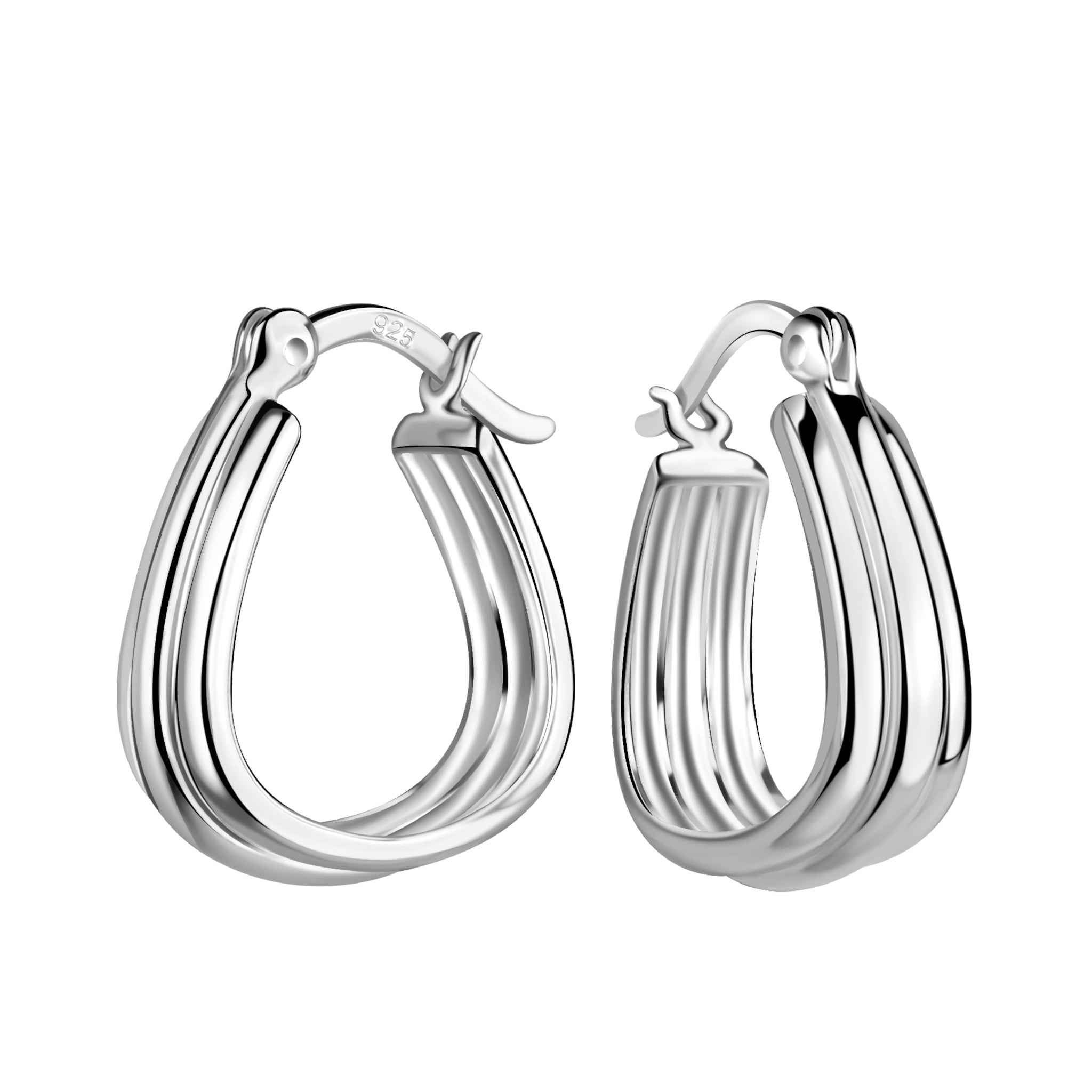 Pair of silver patterned geometric French lock hoop earrings on a white background