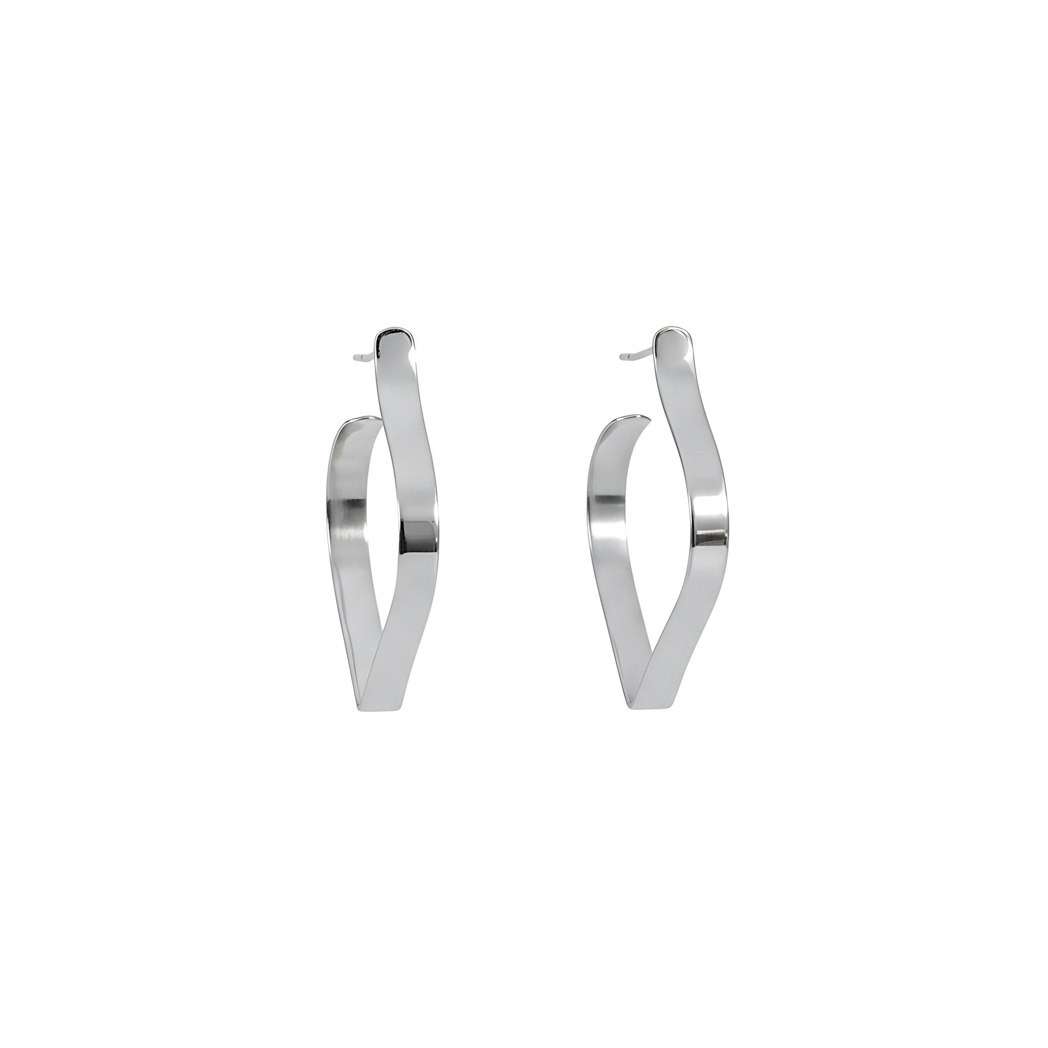 Silver petal shaped stud earrings on a white background