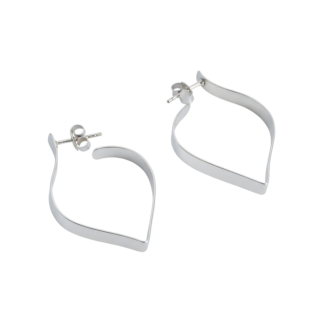 Silver petal shaped stud earrings on a white background
