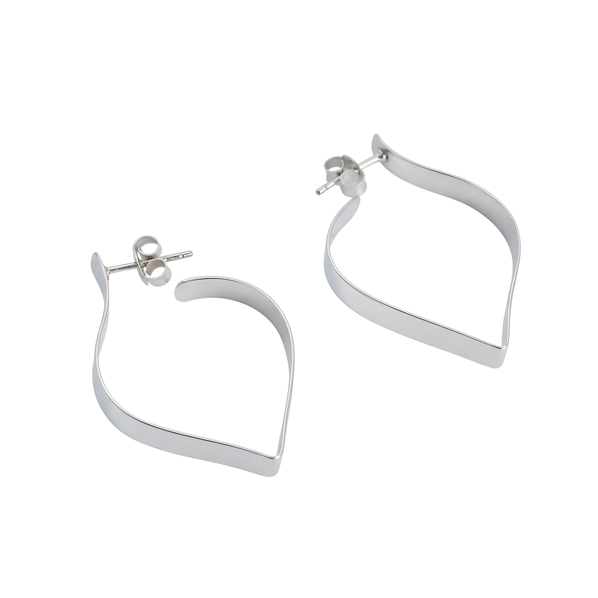 Silver petal shaped stud earrings on a white background