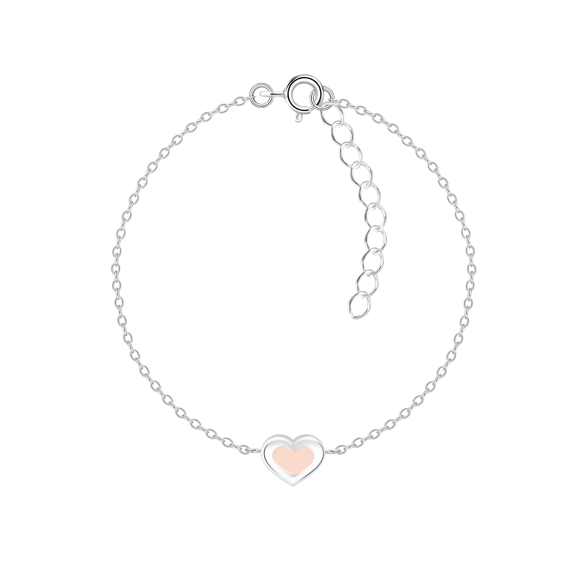 Silver bracelet with a pink heart-shaped charm on a white background