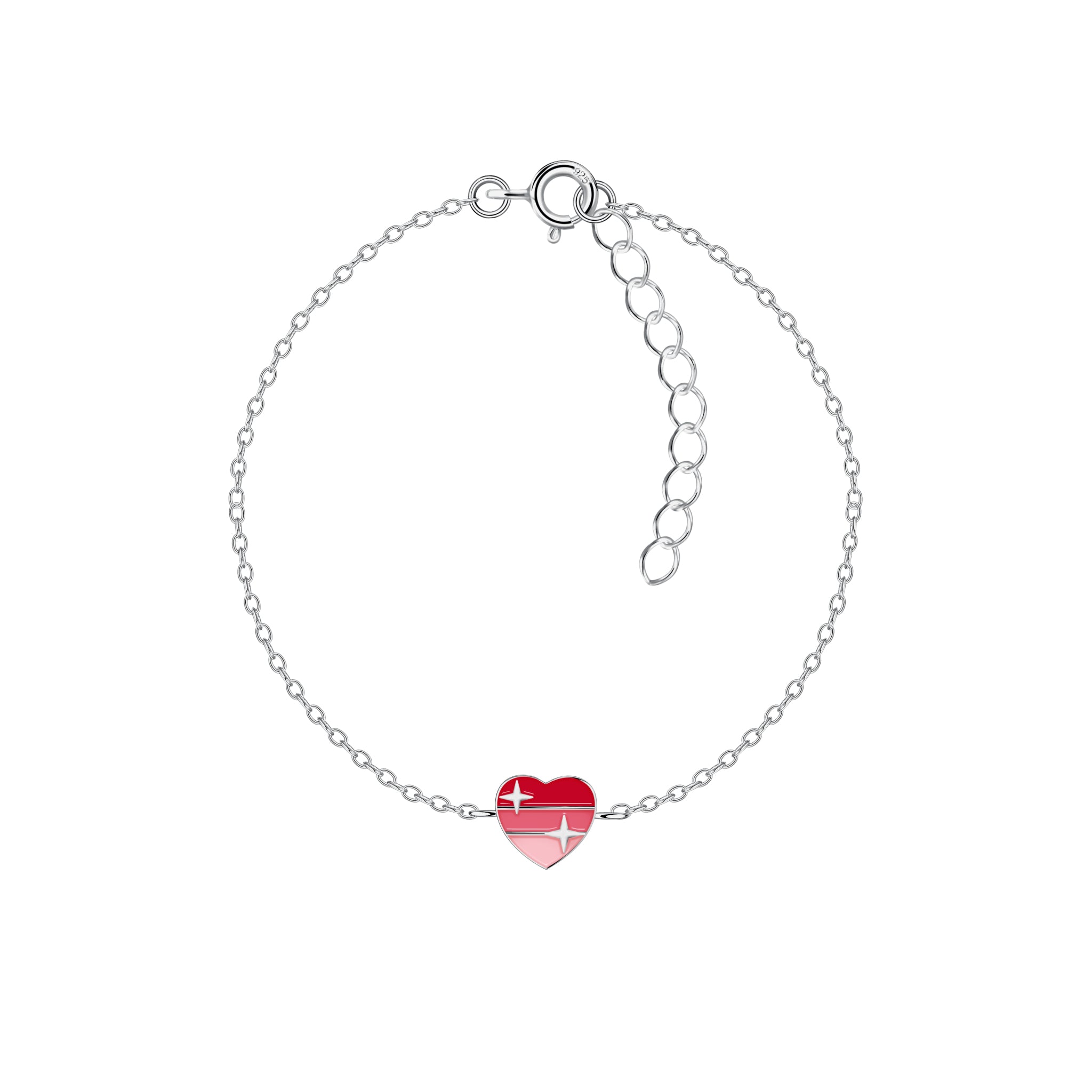 Silver bracelet with a red heart-shaped charm on a white background