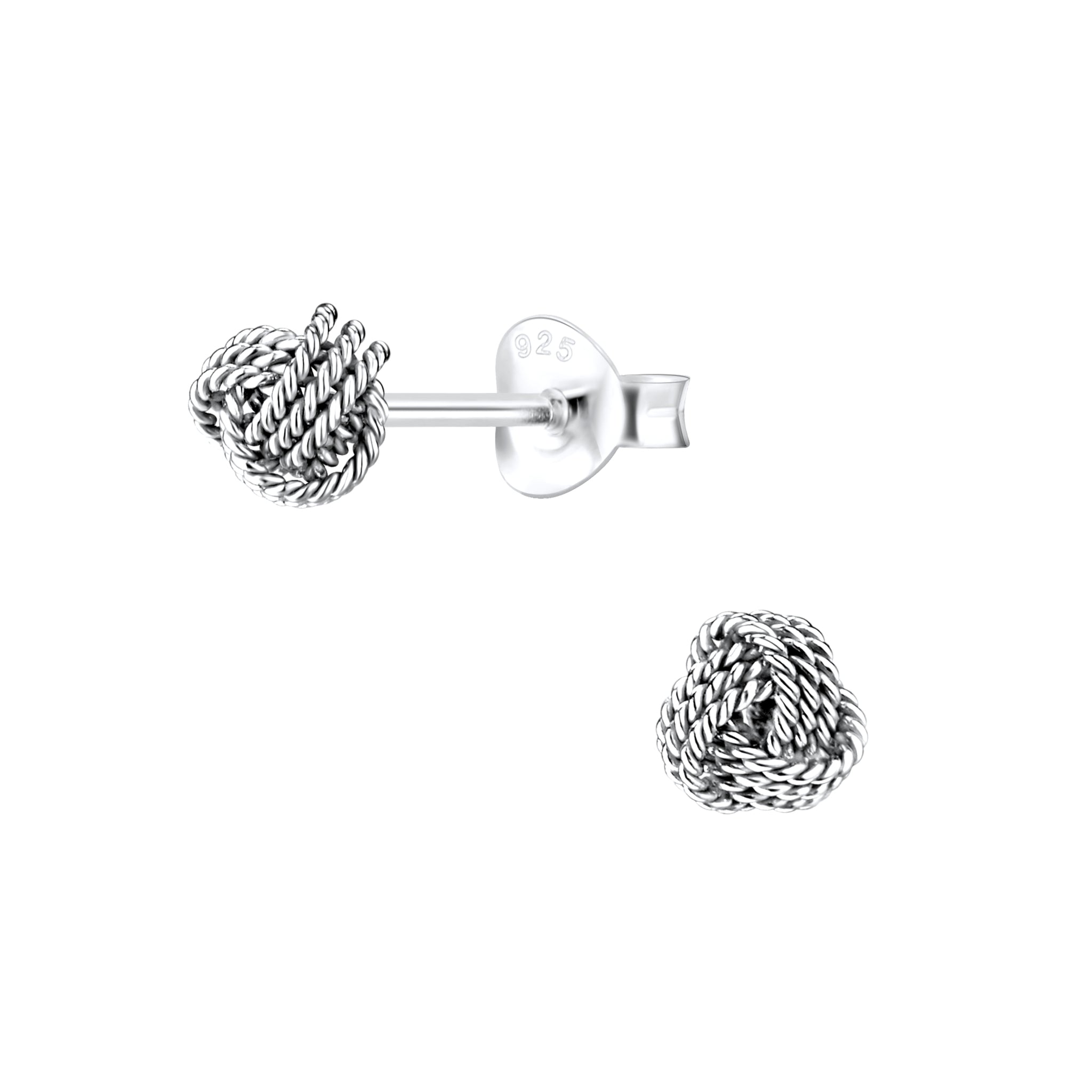 Silver knot-shaped stud earrings on a white background