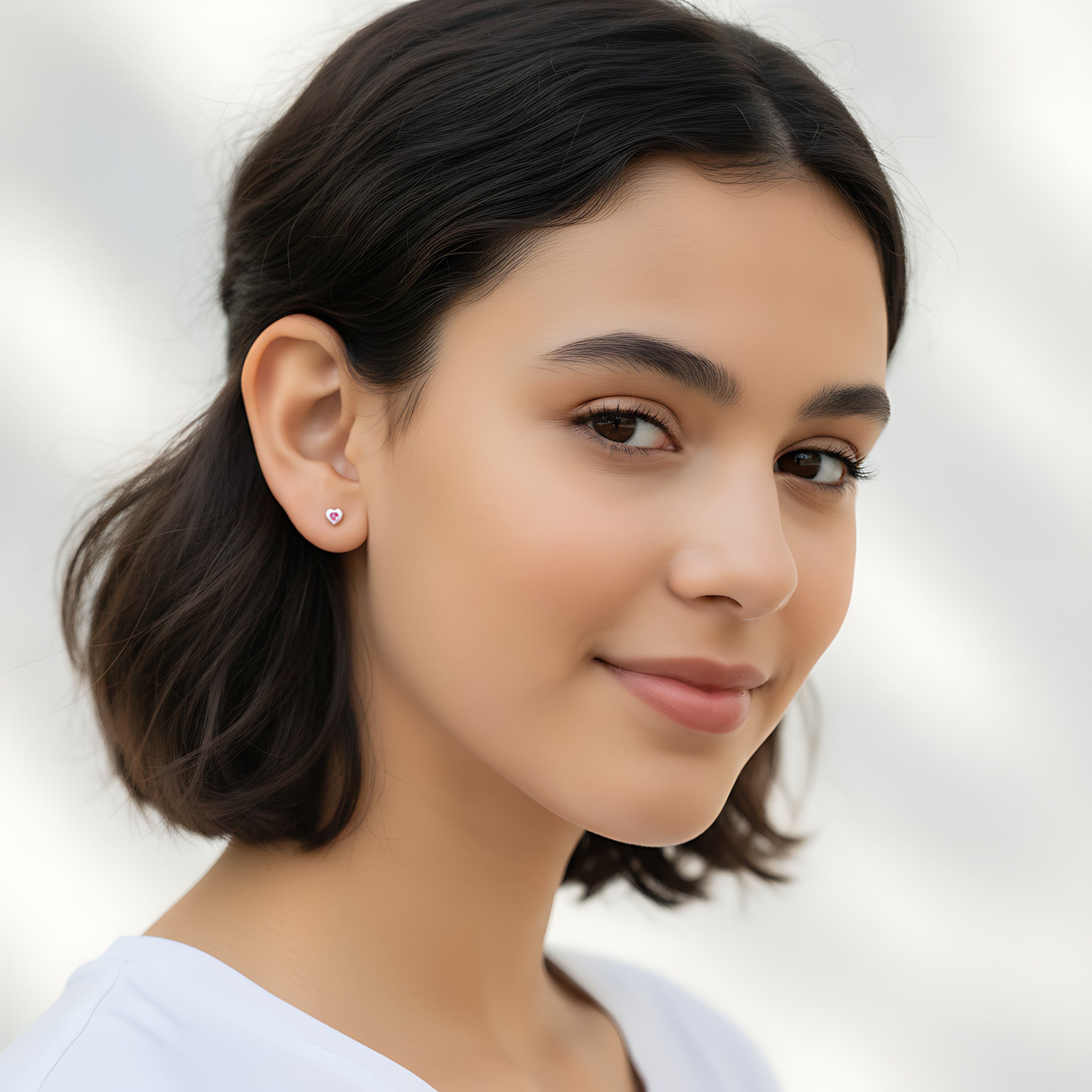 Closeup of a girl wearing a silver heart shape stud earring on a neutral background