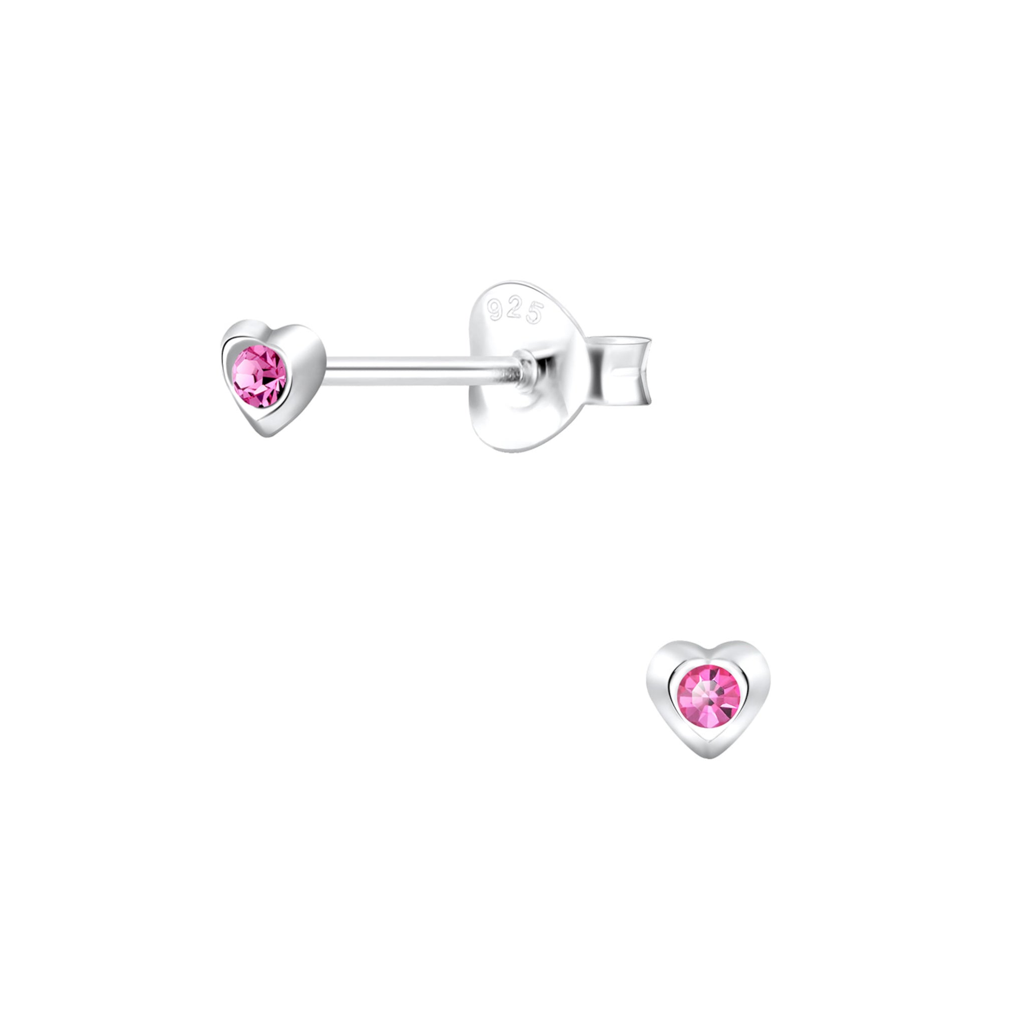 Heart-shaped stud earrings with pink crystal on a white background