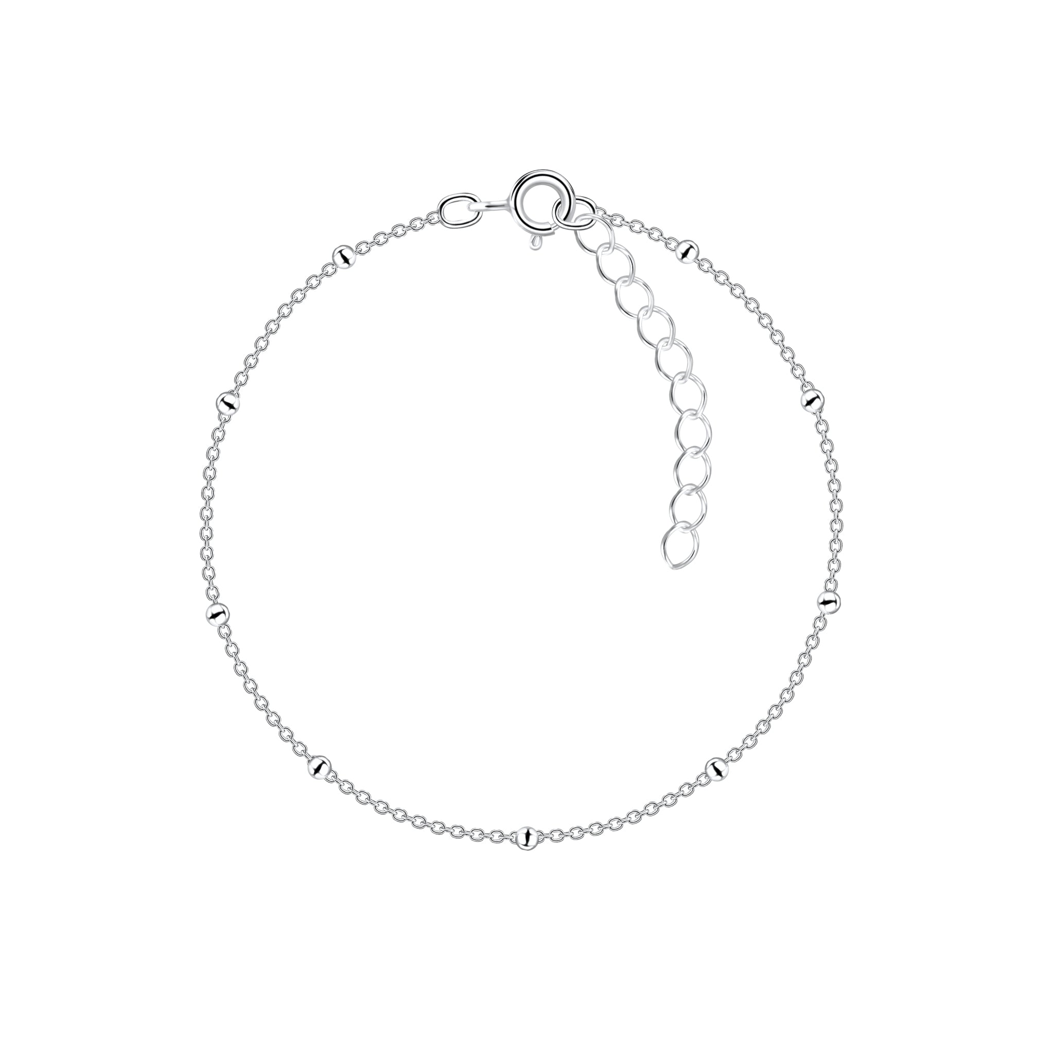 Silver satellite bracelet with small beads on a white background