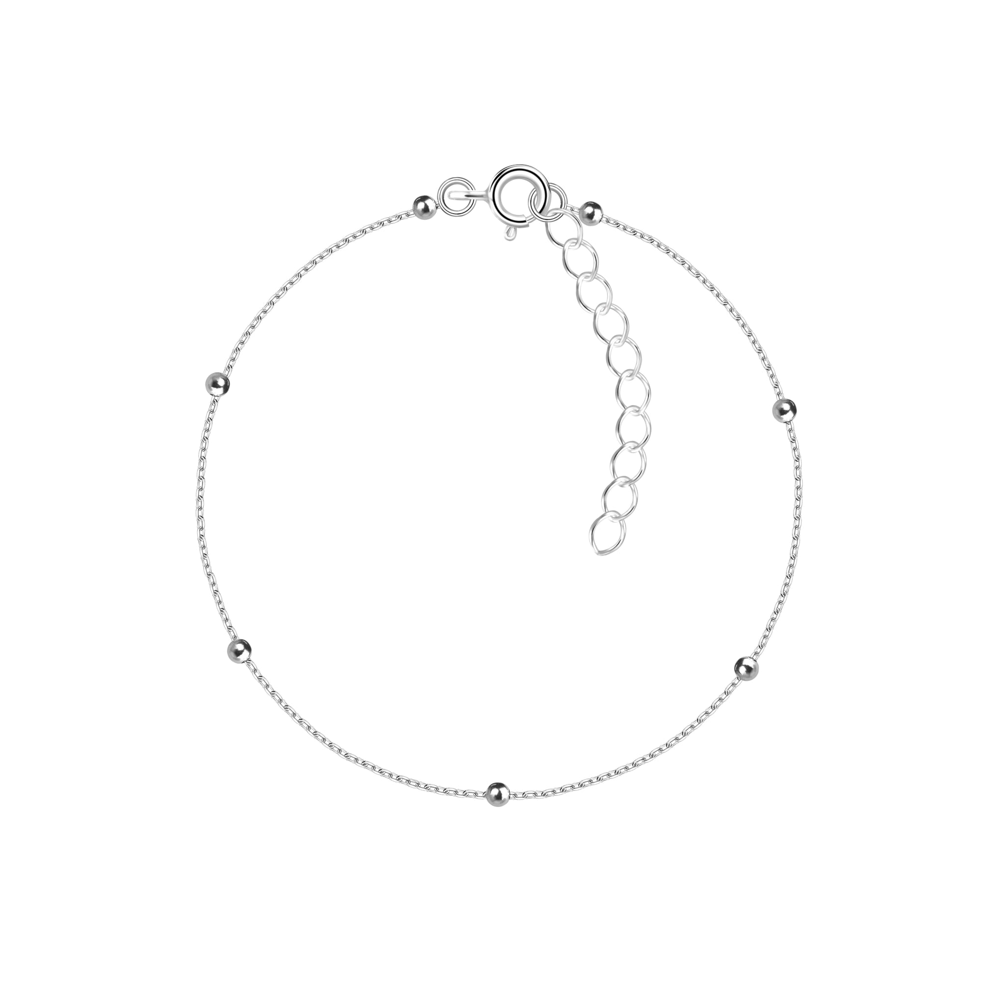 Silver satellite bracelet with small beads on a white background