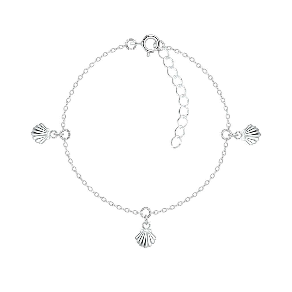 Silver bracelet with 3 shell charms on a white background