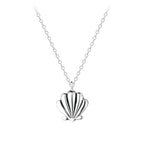 Silver shell pendant necklace on a white background
