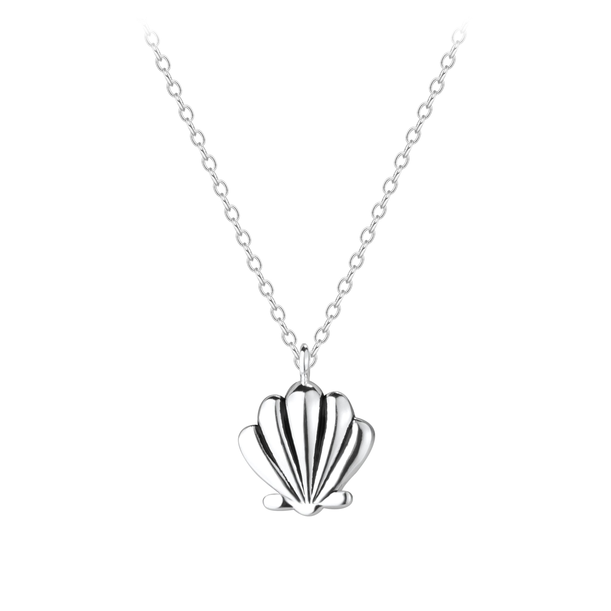 Silver shell pendant necklace on a white background