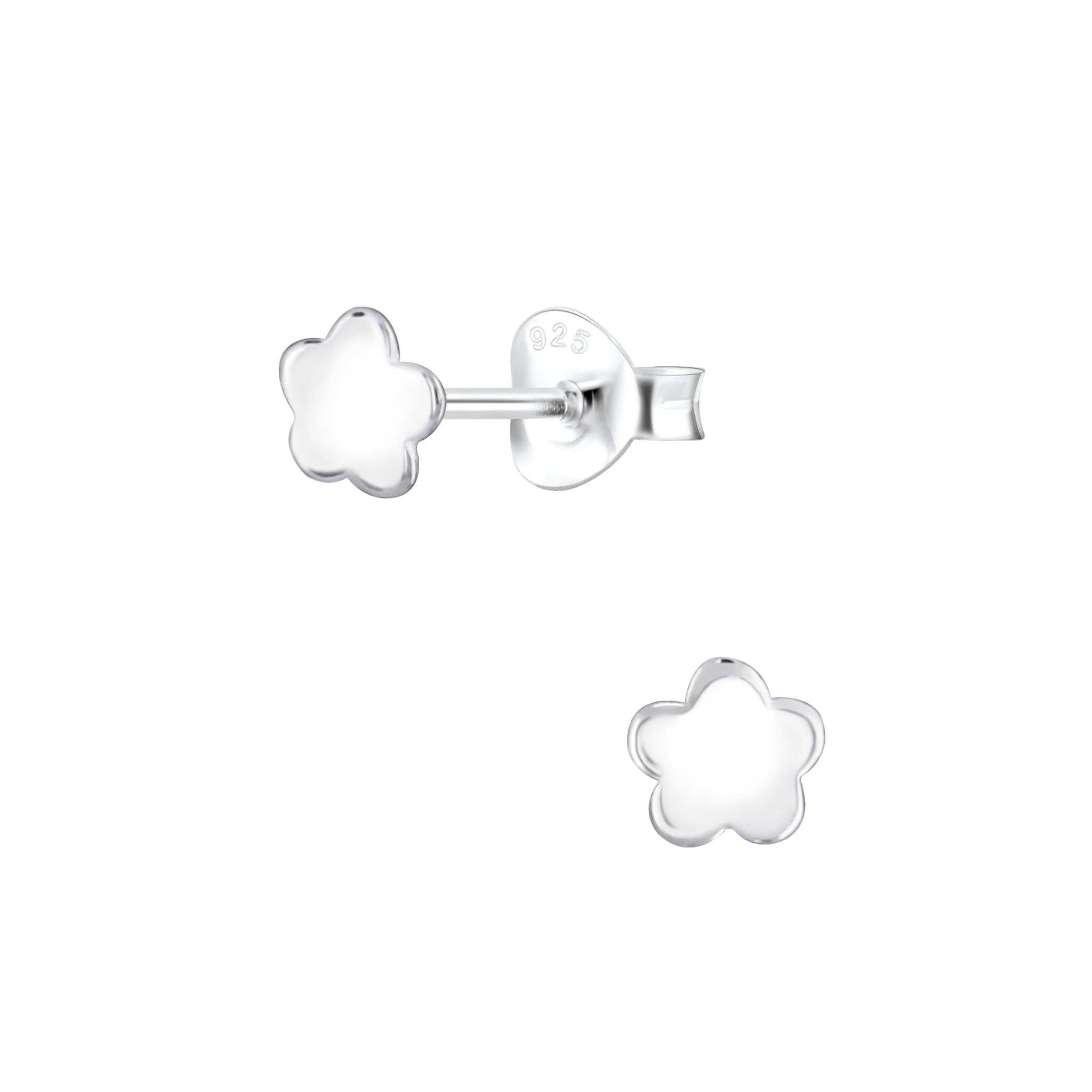 Silver flower-shaped stud earrings on a white background