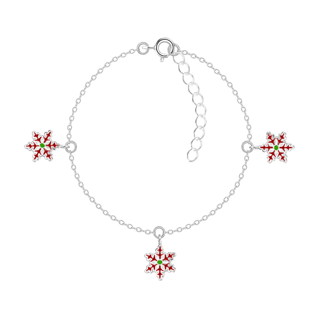 Silver bracelet with snowflake charms on a white background