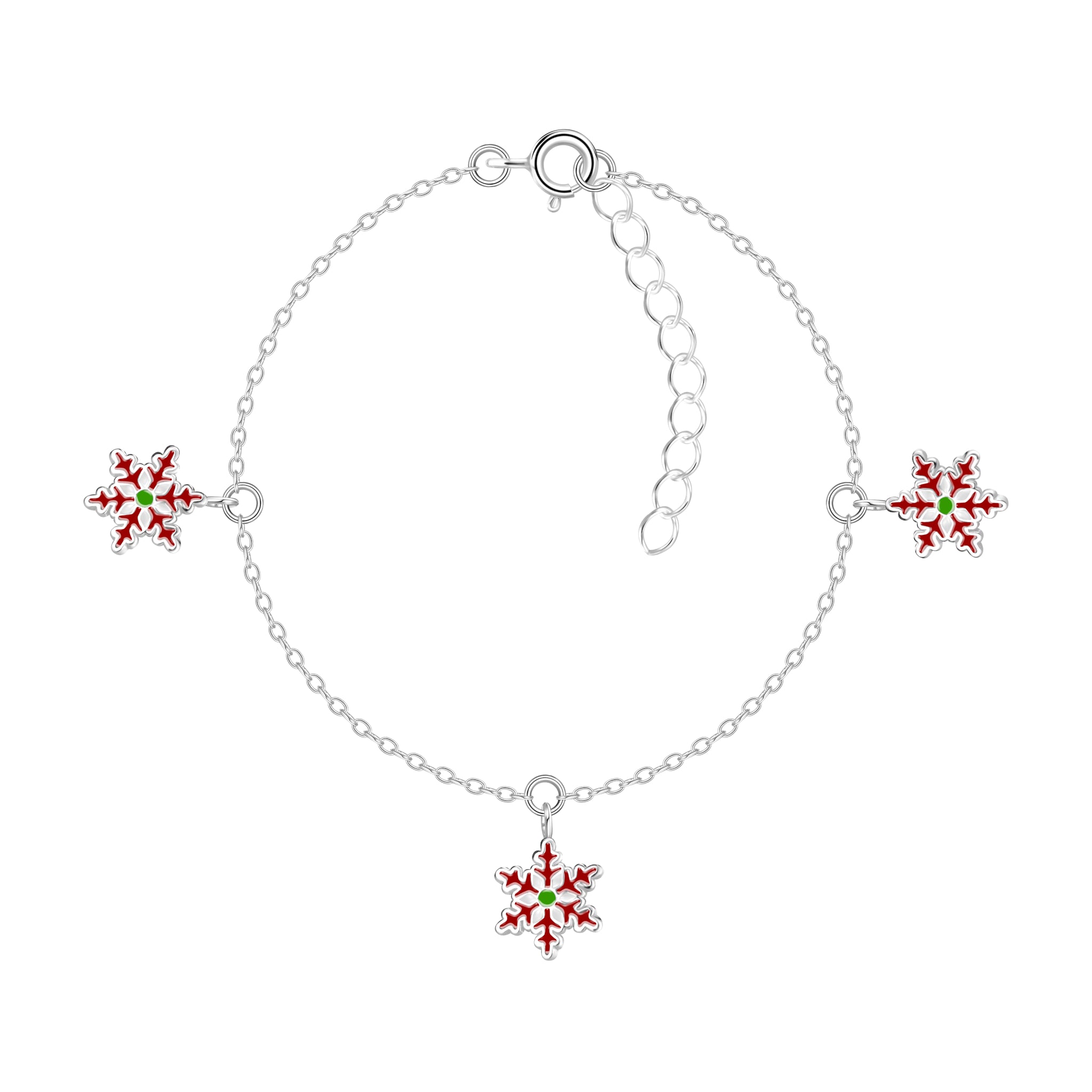 Silver bracelet with snowflake charms on a white background