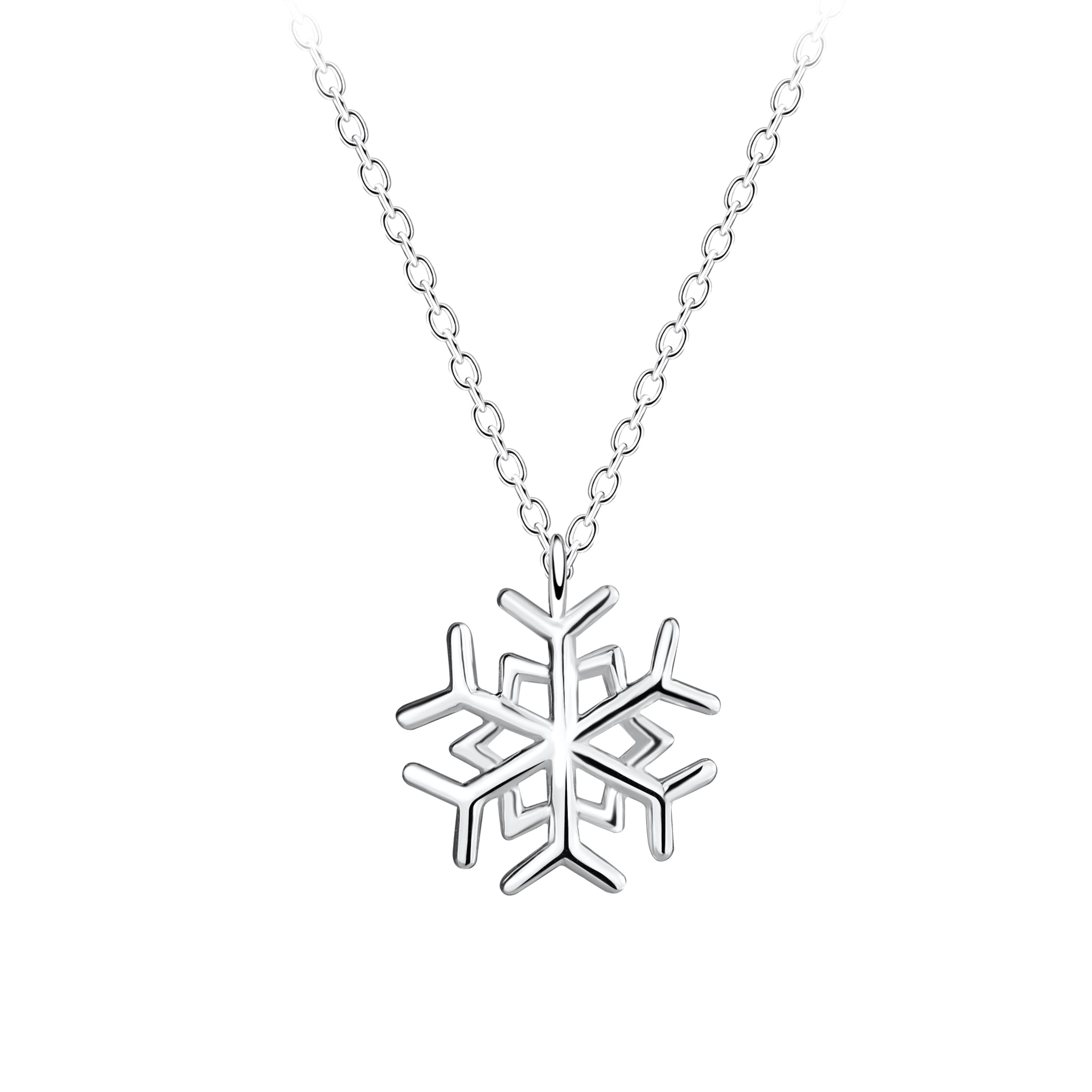 Silver snowflake pendant necklace on a white background
