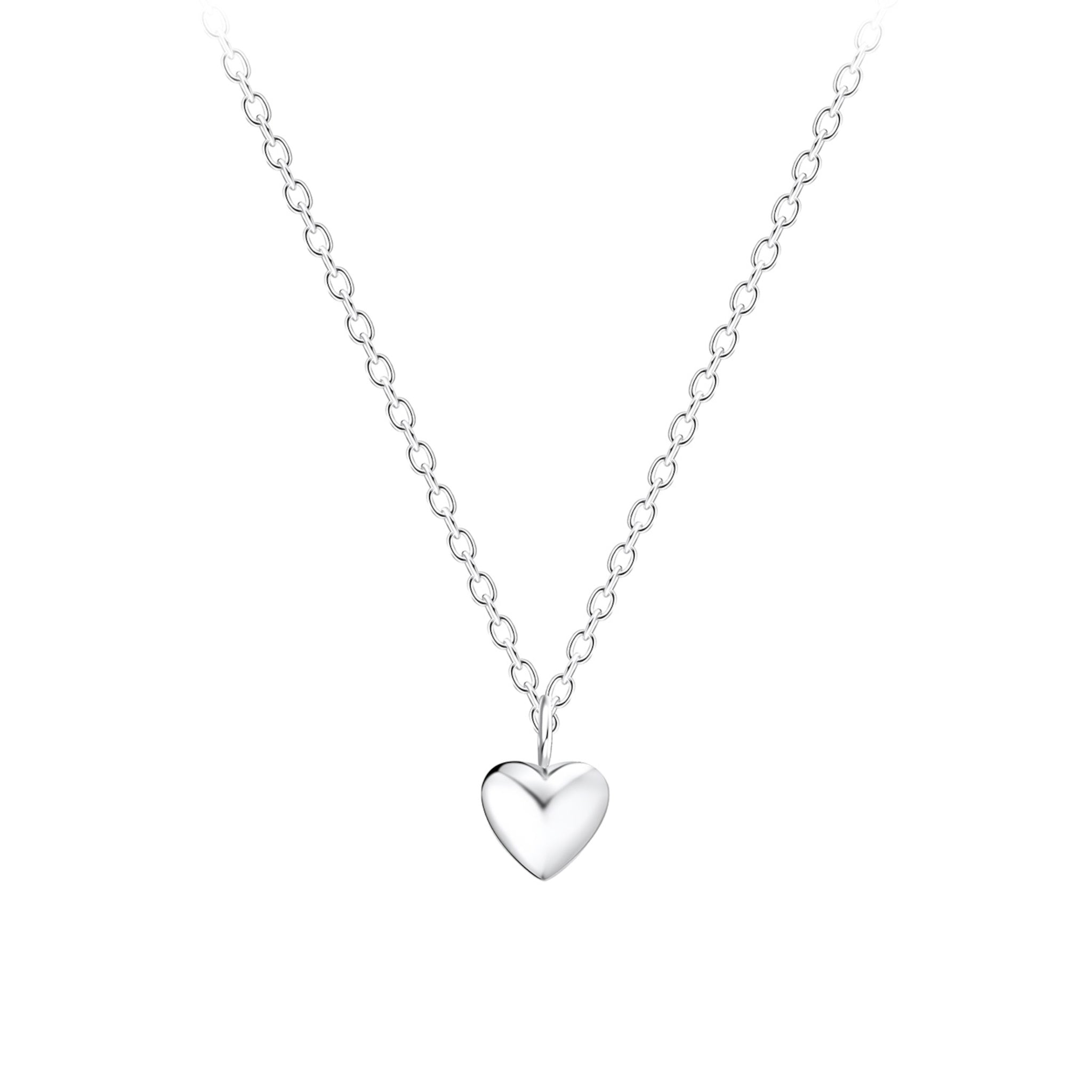Silver heart-shaped pendant necklace on a white background