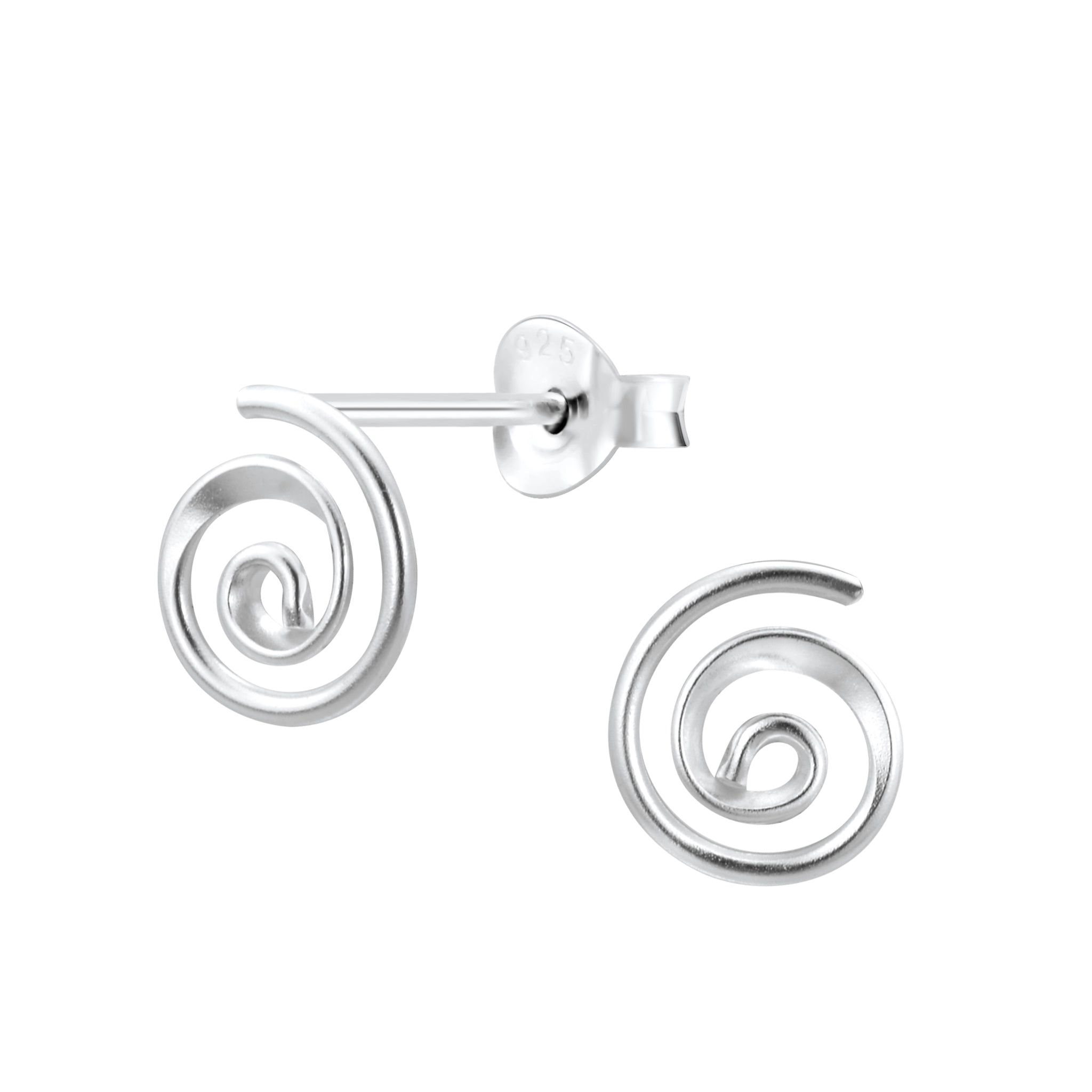 Silver spiral stud earrings on a white background