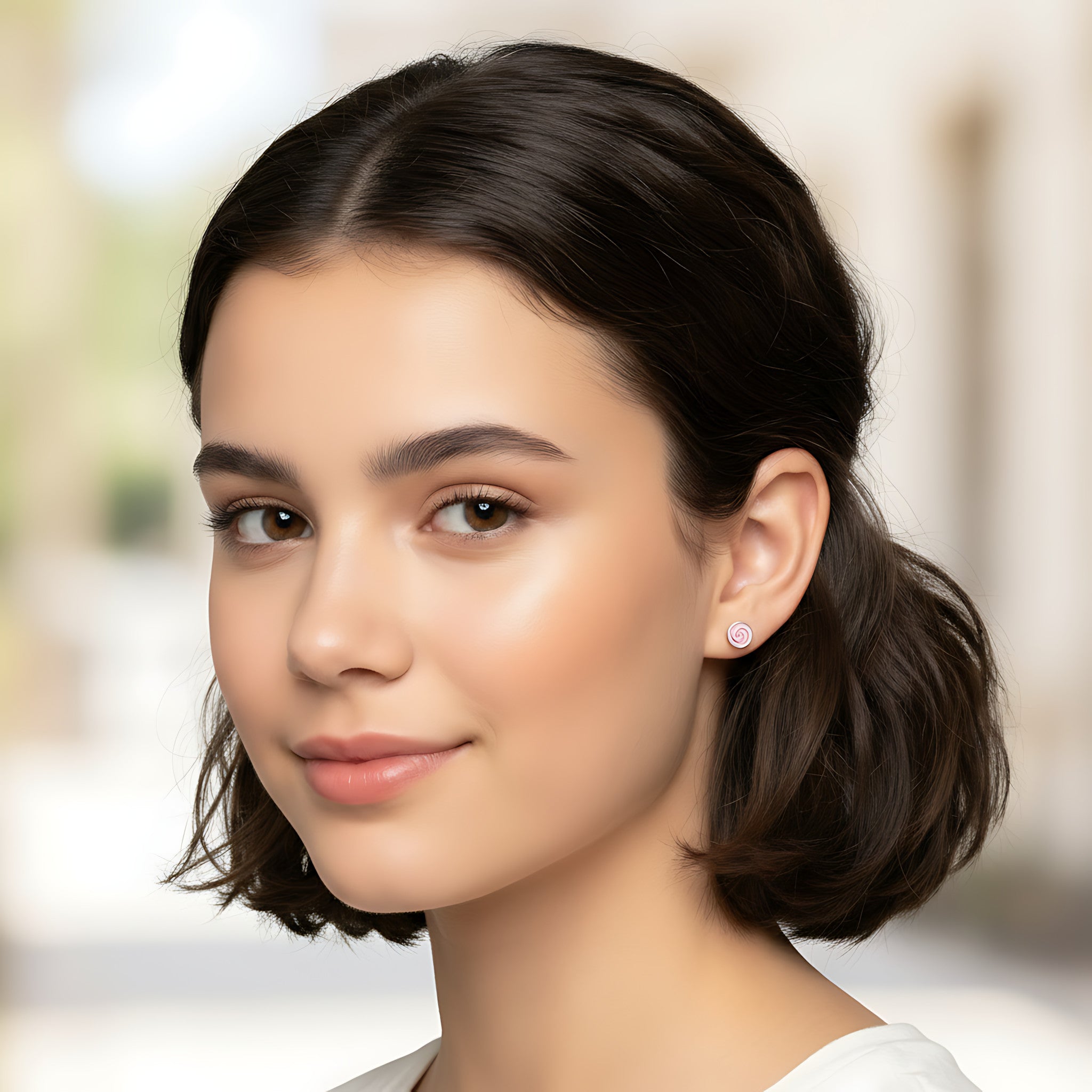 Closeup of a girl wearing a silver spiral stud earring on a blurred background