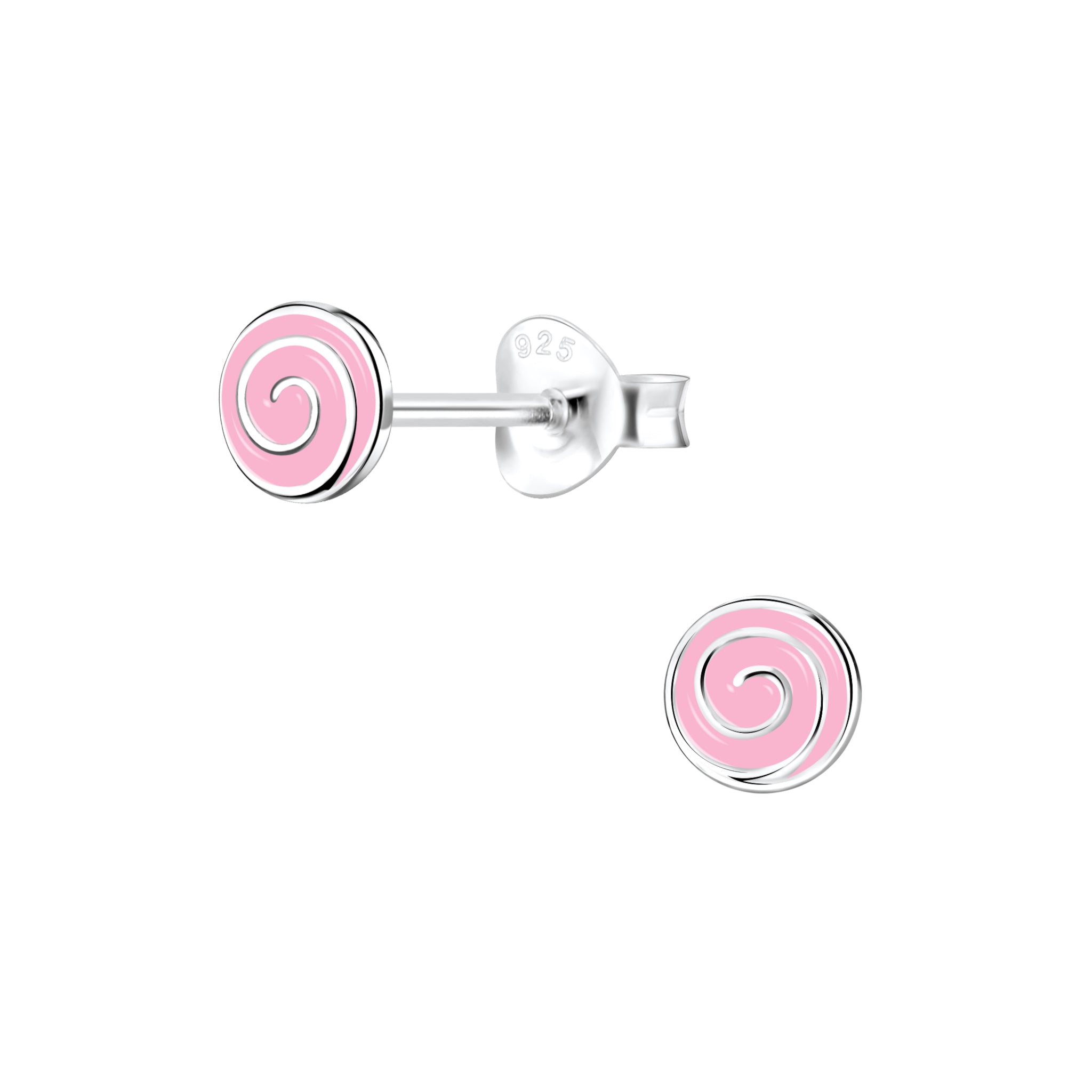 Pair of pink spiral stud earrings on a white background