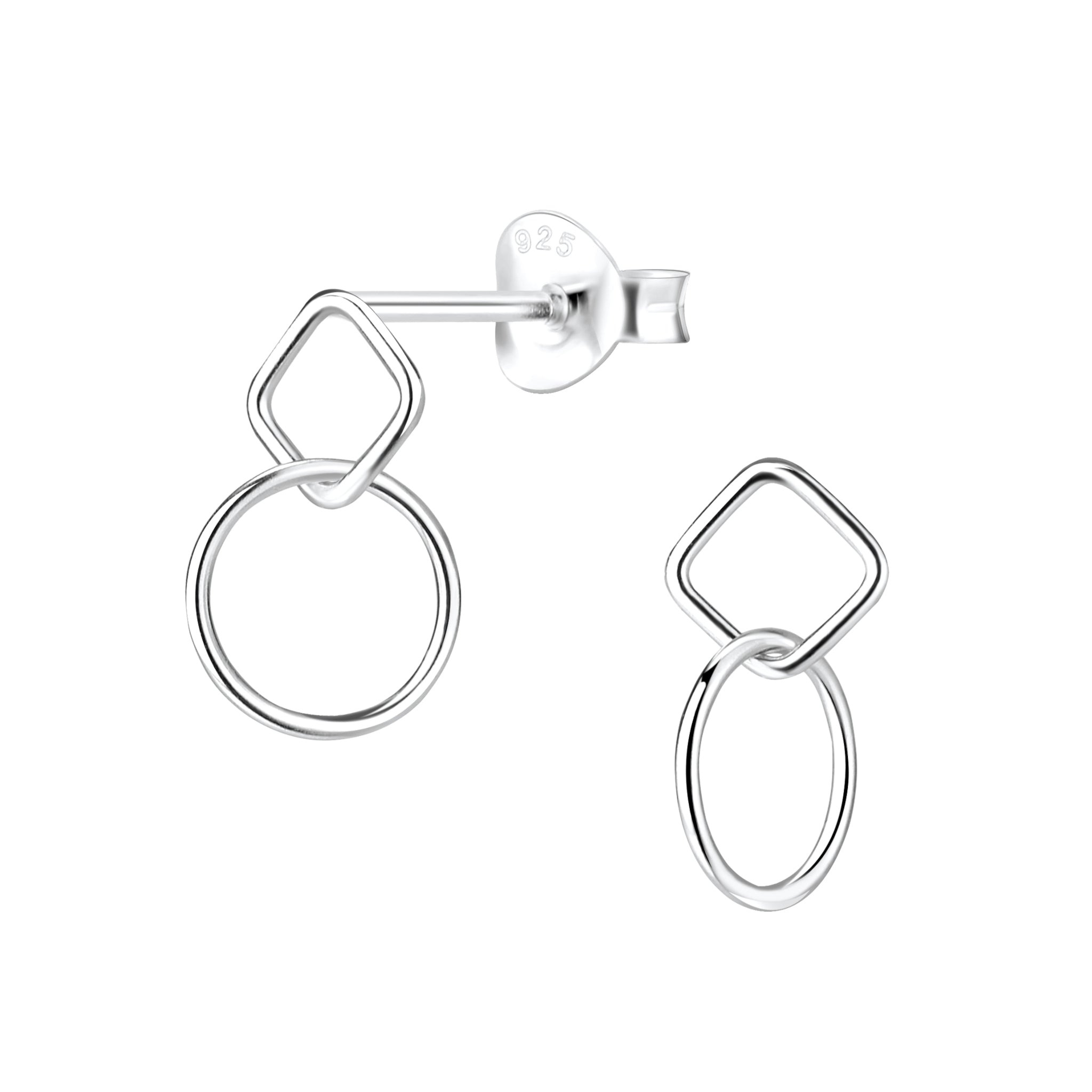 Pair of silver stud earrings with intertwined square and circle on a white background