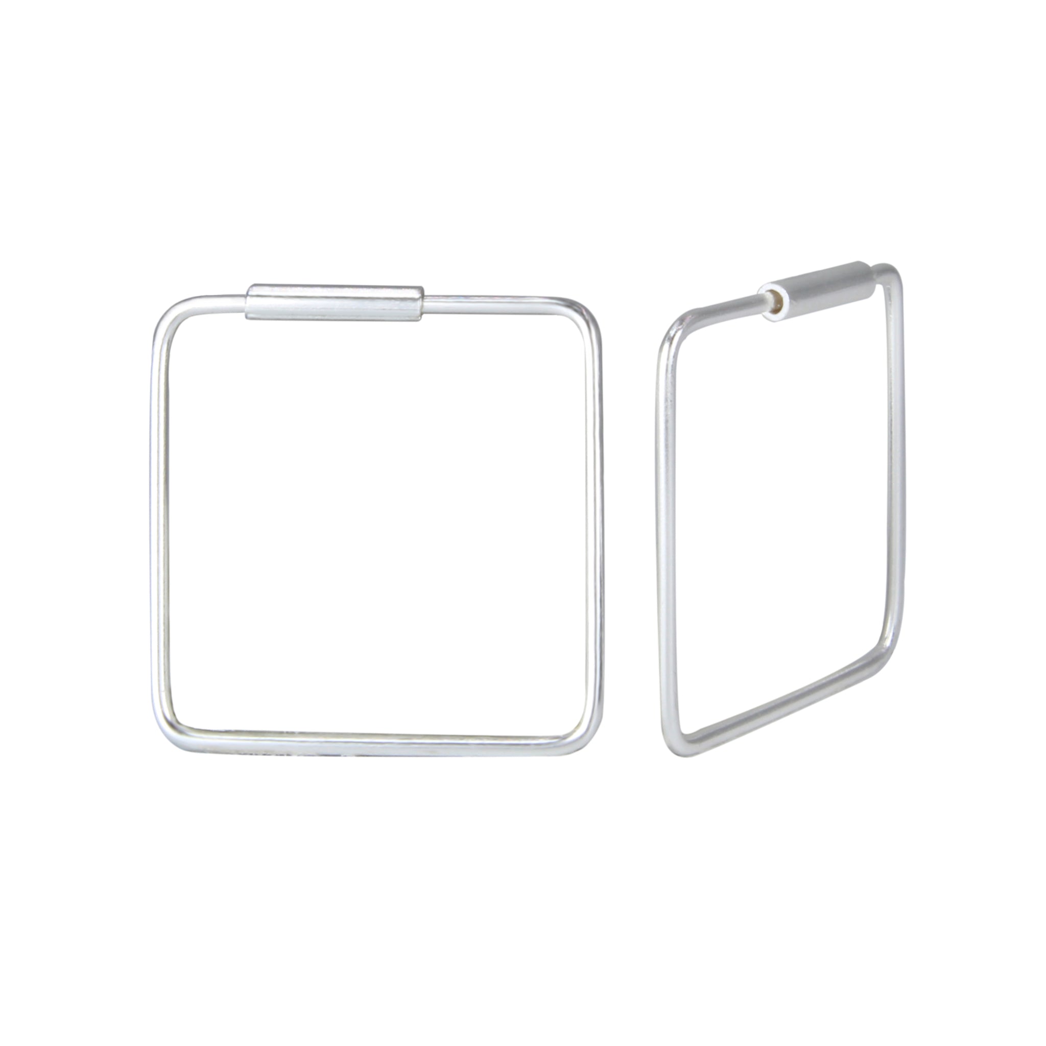Pair of silver square hoop earrings on a white background
