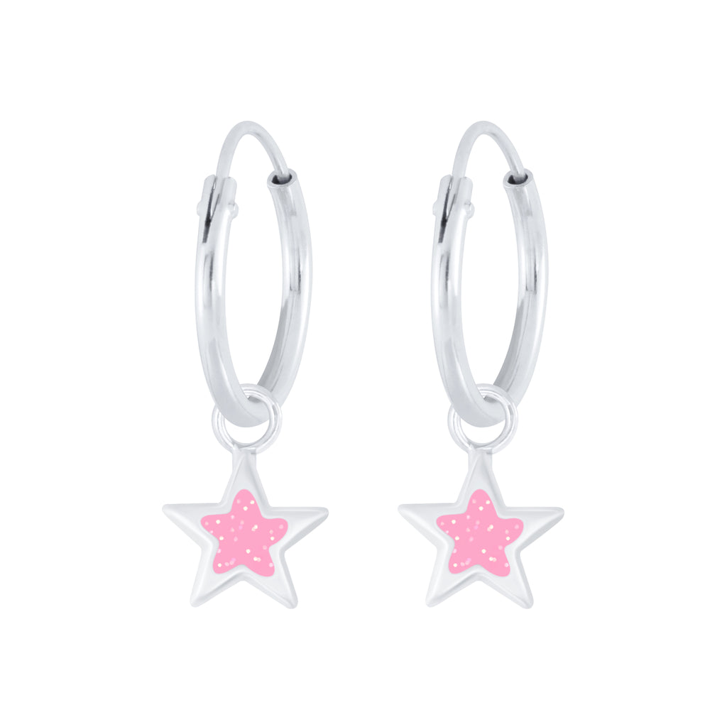 Silver hoop earrings with pink star charms on a white background
