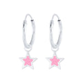 Silver hoop earrings with pink star charms on a white background