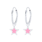 Silver hoop earrings with pink star charms on a white background