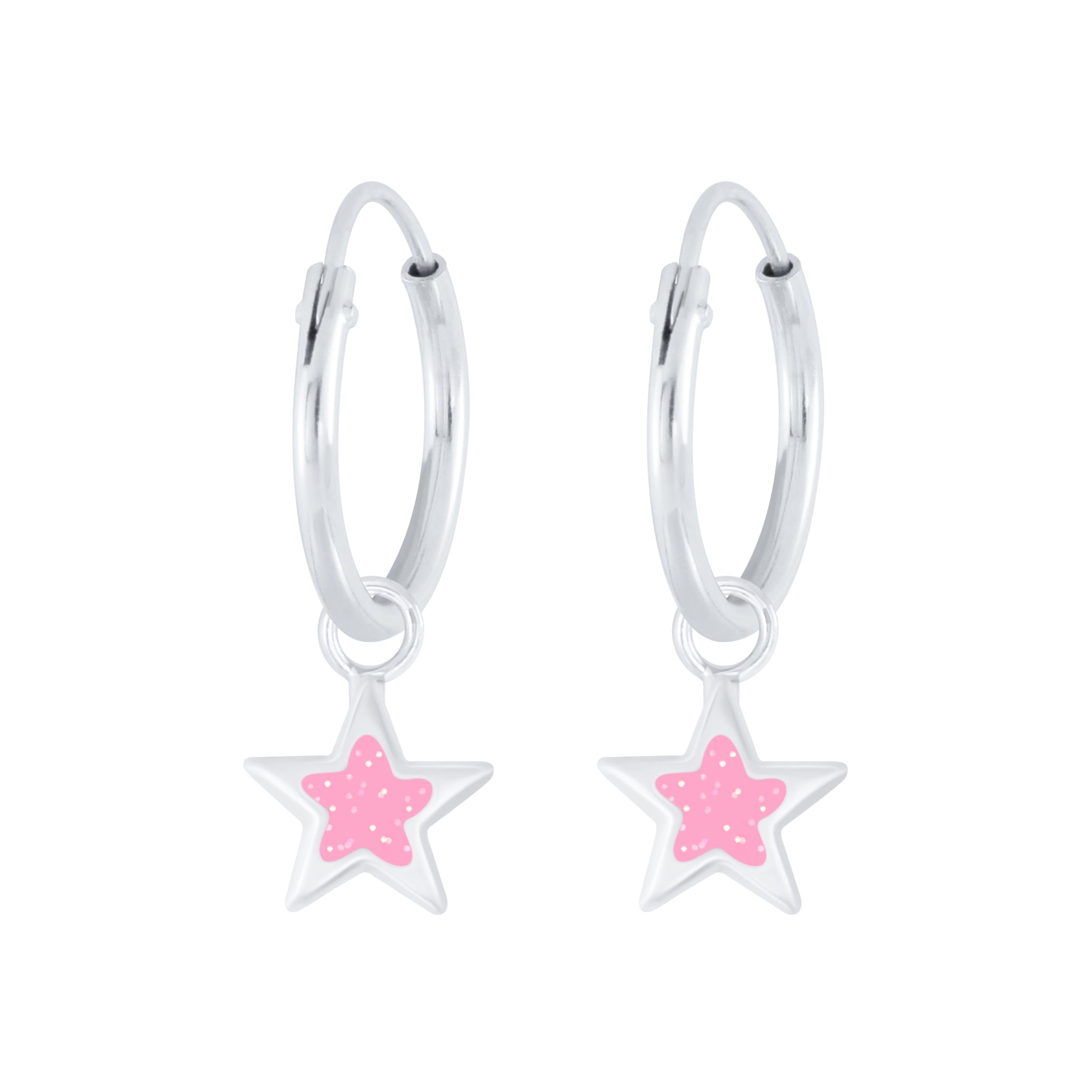 Silver hoop earrings with pink star charms on a white background