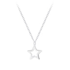 Silver star pendant necklace on a white background