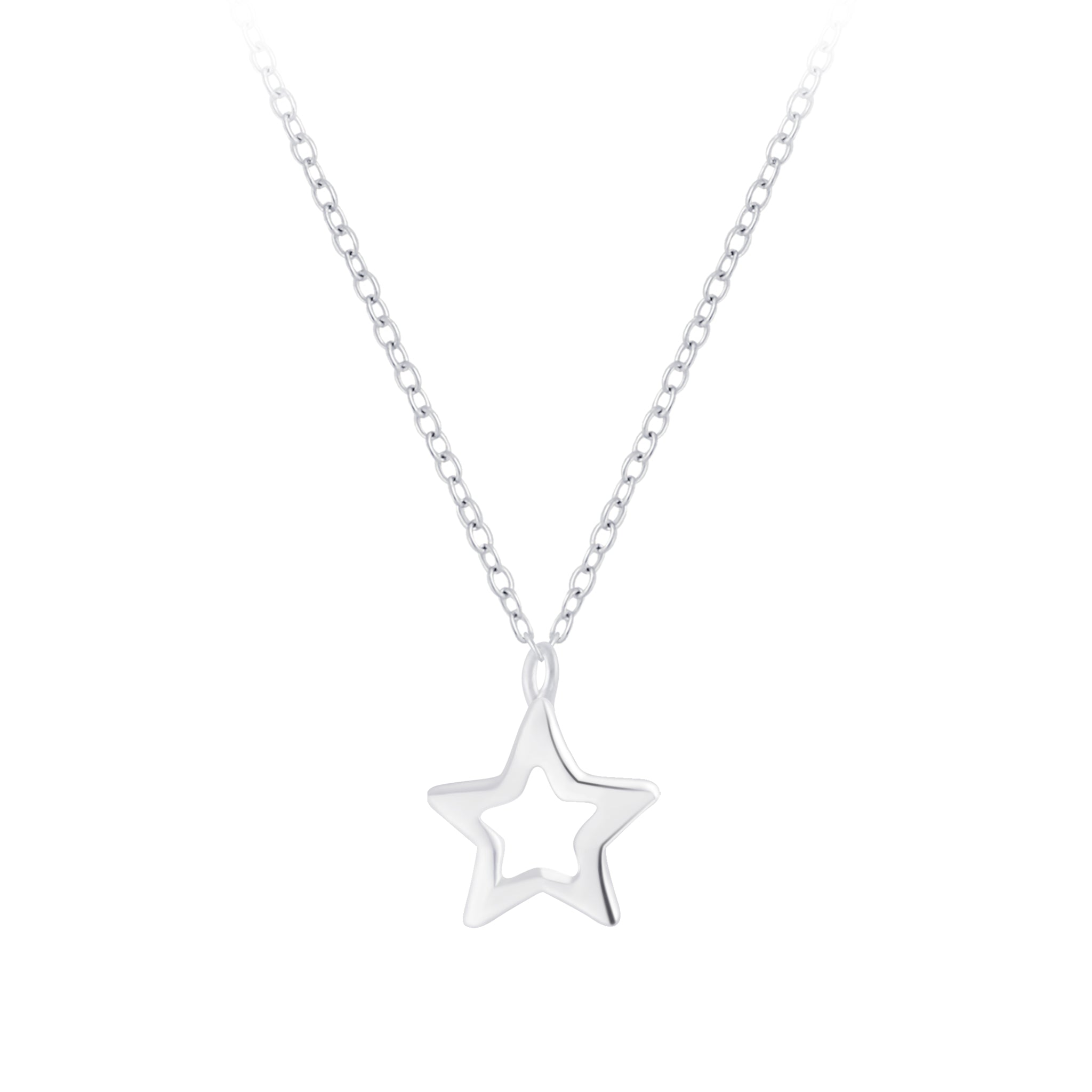 Silver star pendant necklace on a white background