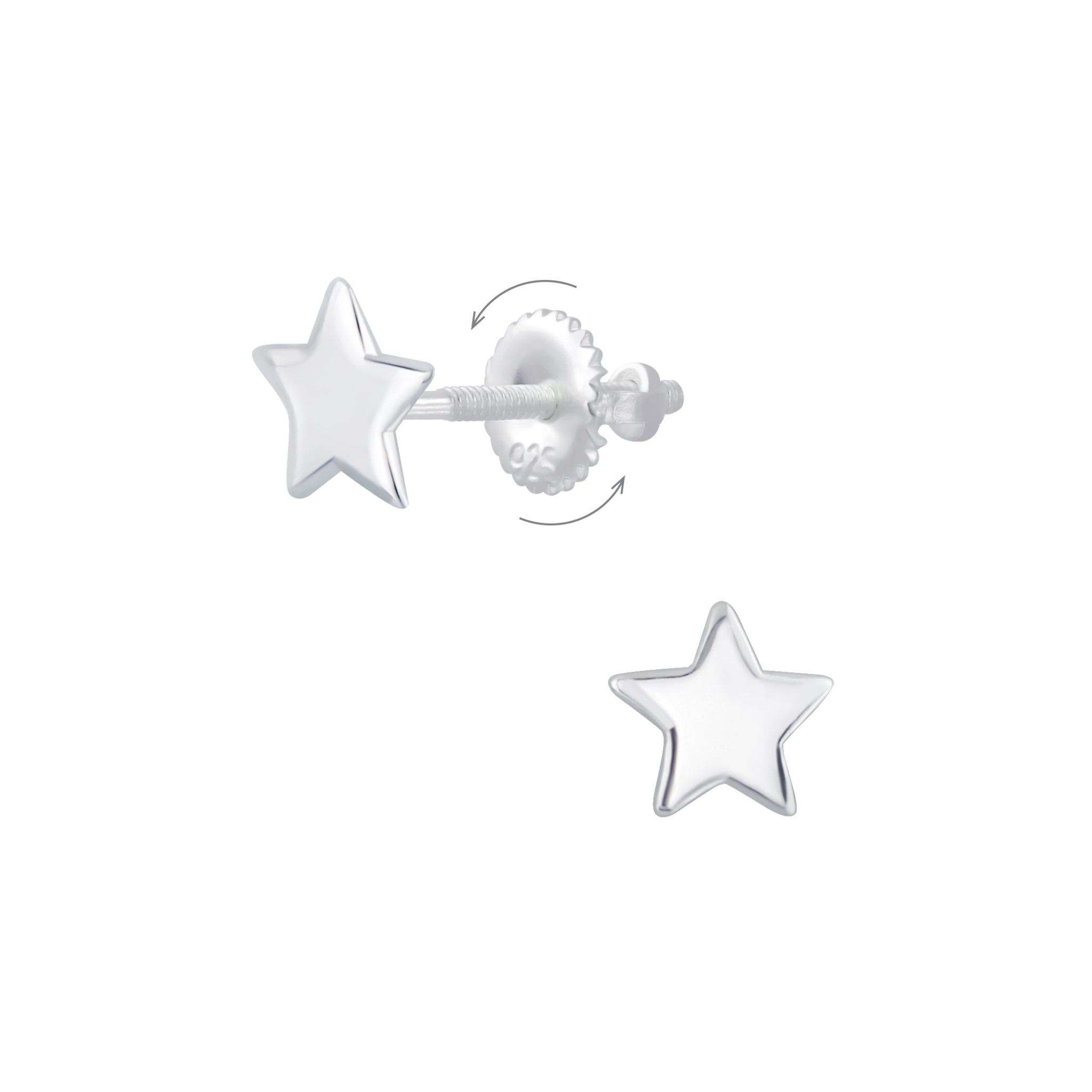 Star-shaped silver screw-back stud earrings on a white background