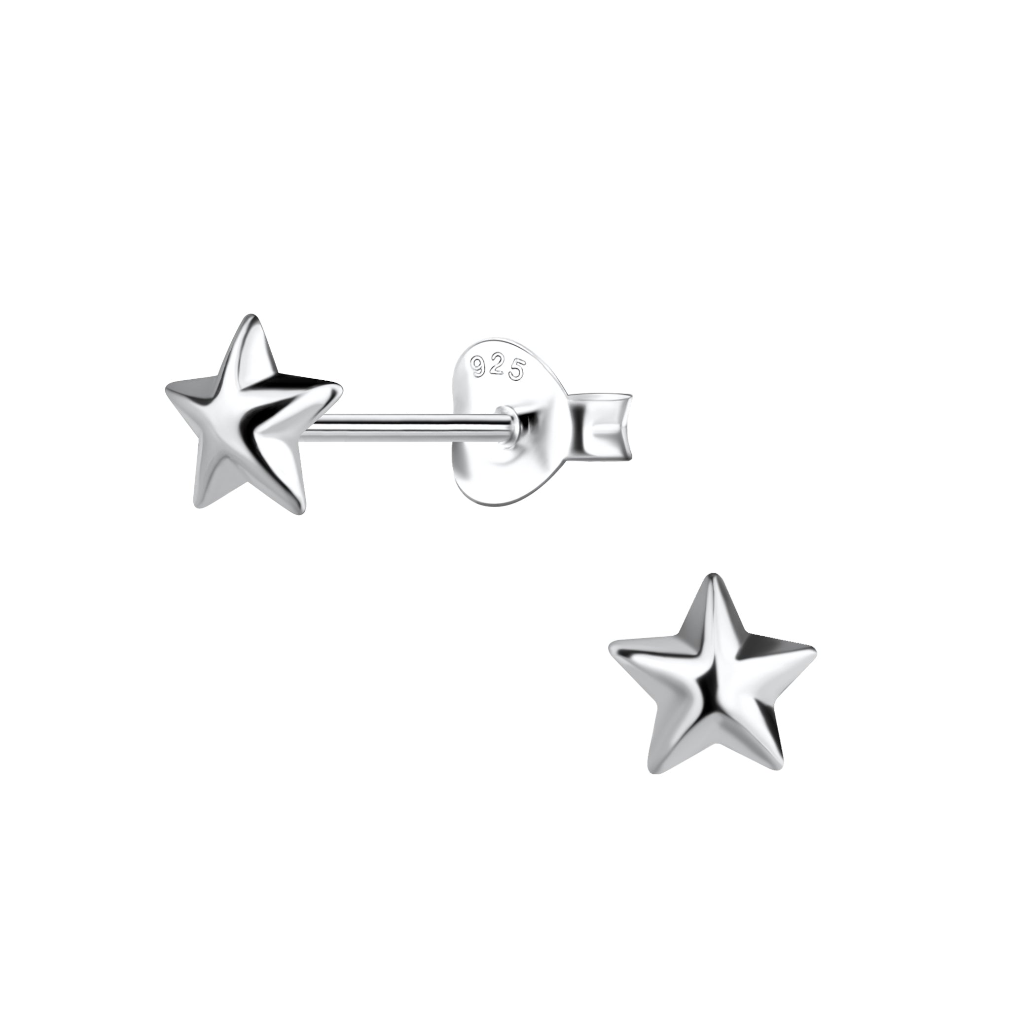 Silver star-shaped stud earrings on a white background