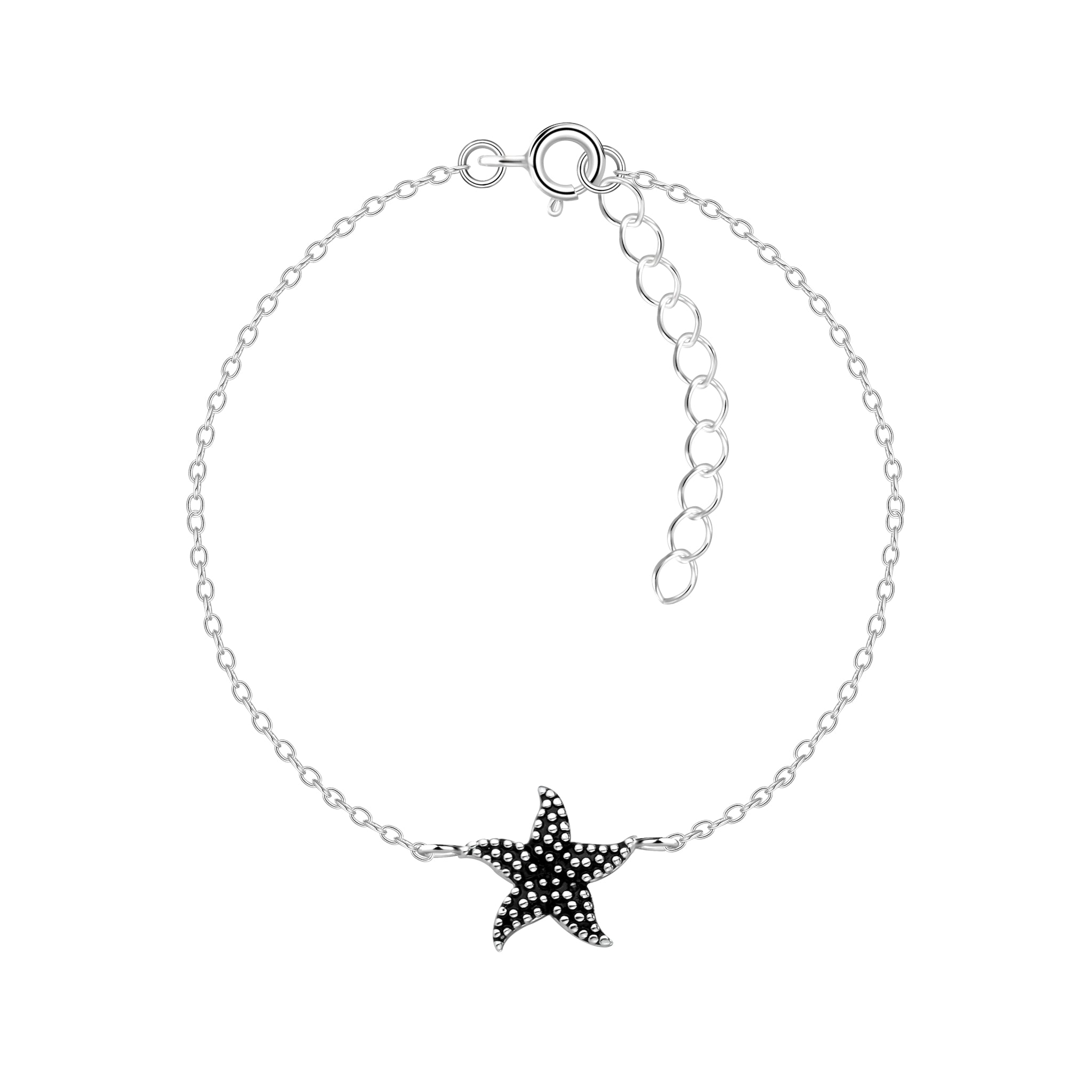 Silver bracelet with a black starfish charm on a white background