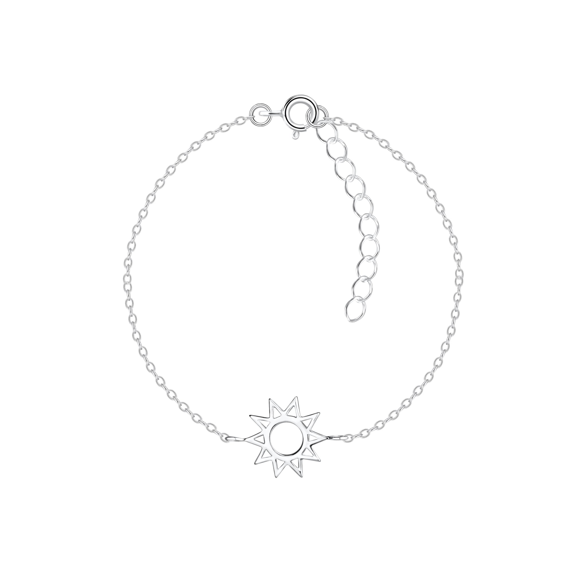Silver bracelet with a sun-shaped charm on a white background
