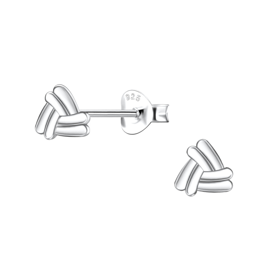 Silver triangle shaped stud earrings on a white background