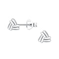 Silver triangle shaped stud earrings on a white background