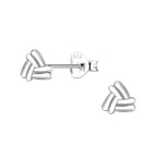 Silver triangle shaped stud earrings on a white background