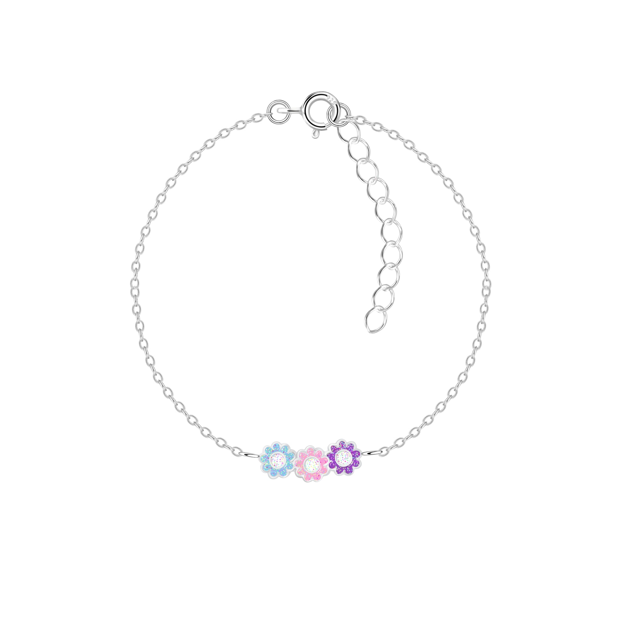 Silver bracelet with triple daisy flower-shaped charms on a white background