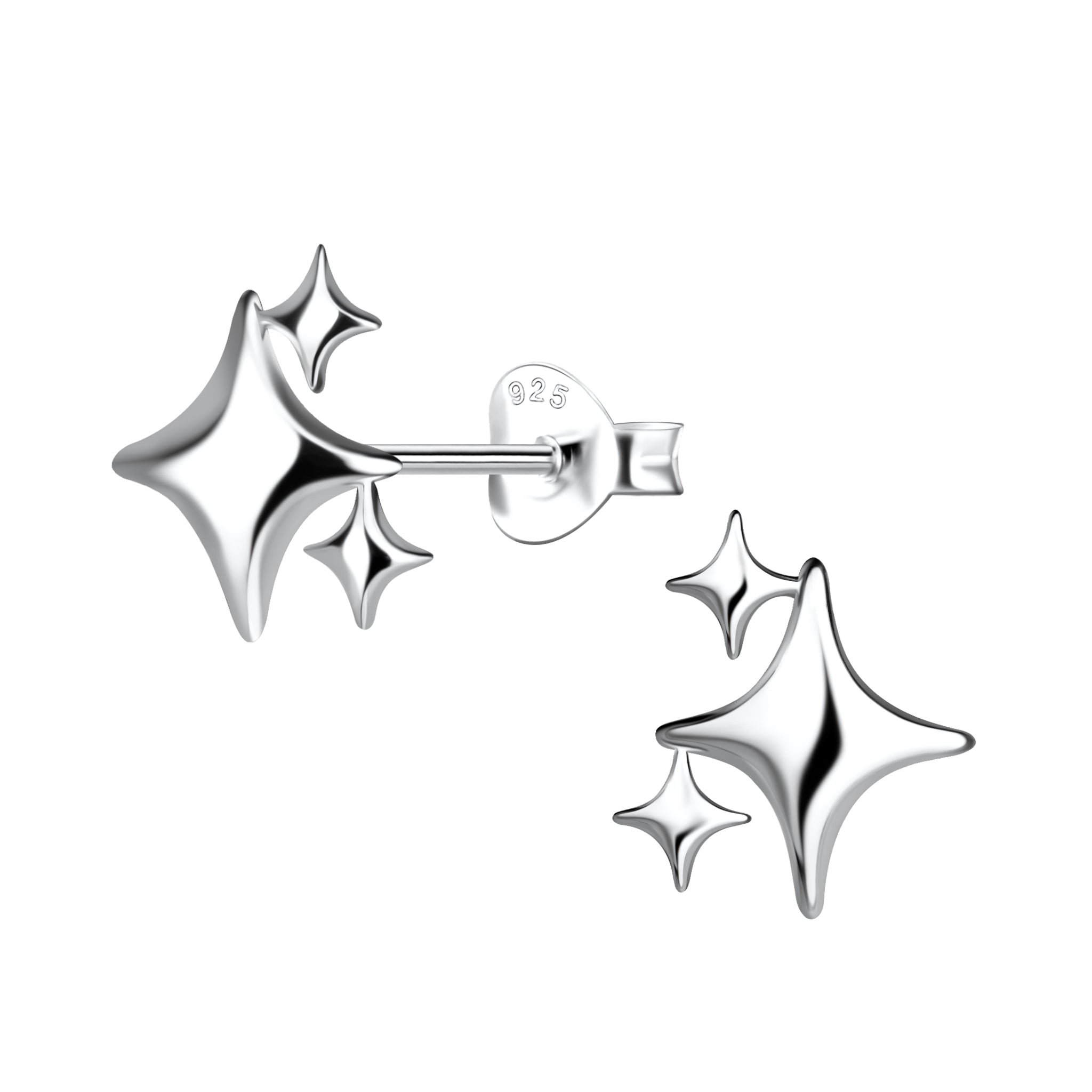 Silver triple star-shaped stud earrings on a white background