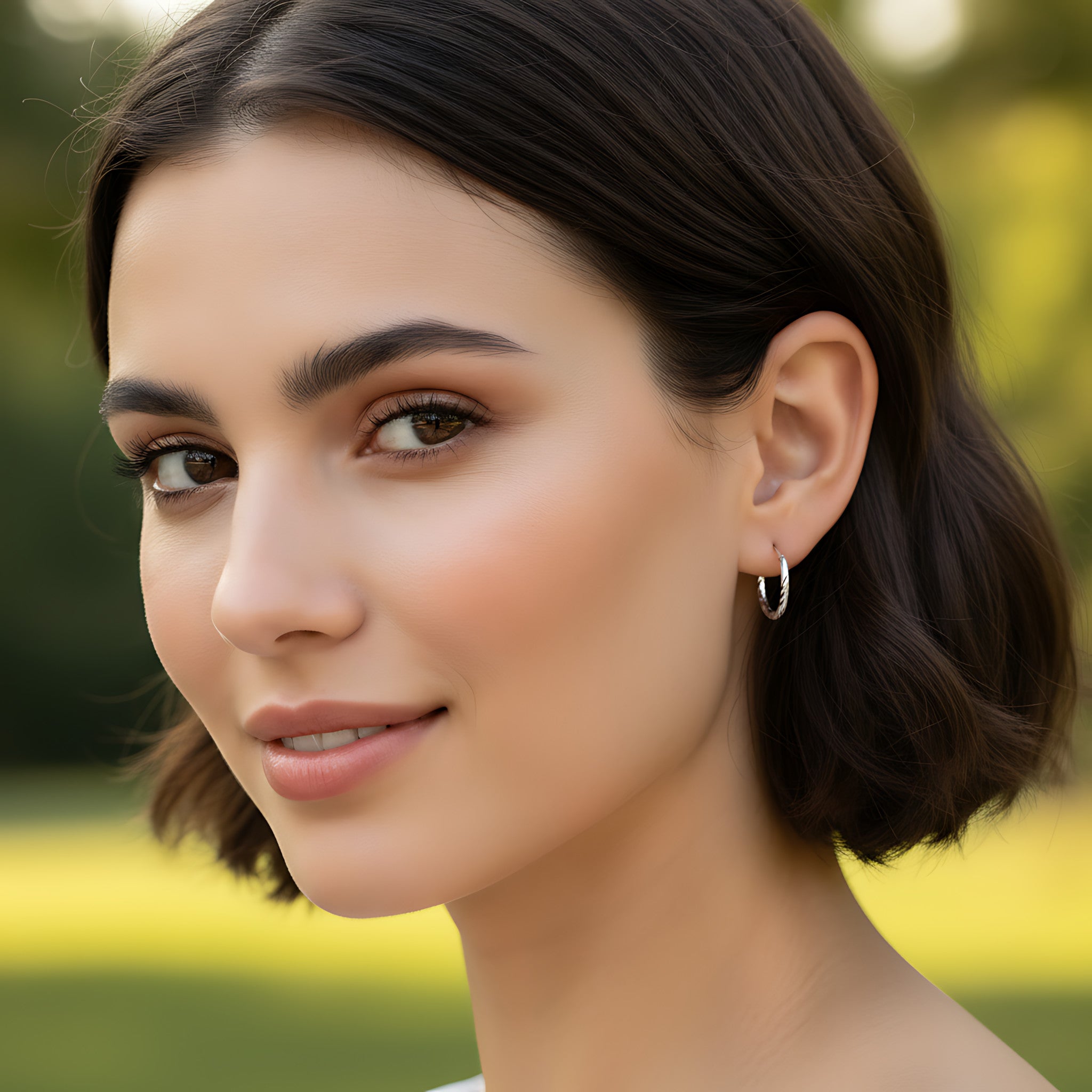 Close-up of a woman with short dark hair wearing twist cut style hoop earrings against a blurred natural background