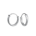 Pair of silver hoop earrings with twisted textured look on a white background