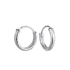 Pair of silver hoop earrings with twisted textured look on a white background