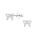Silver twisted bow-shaped stud earrings on a white background