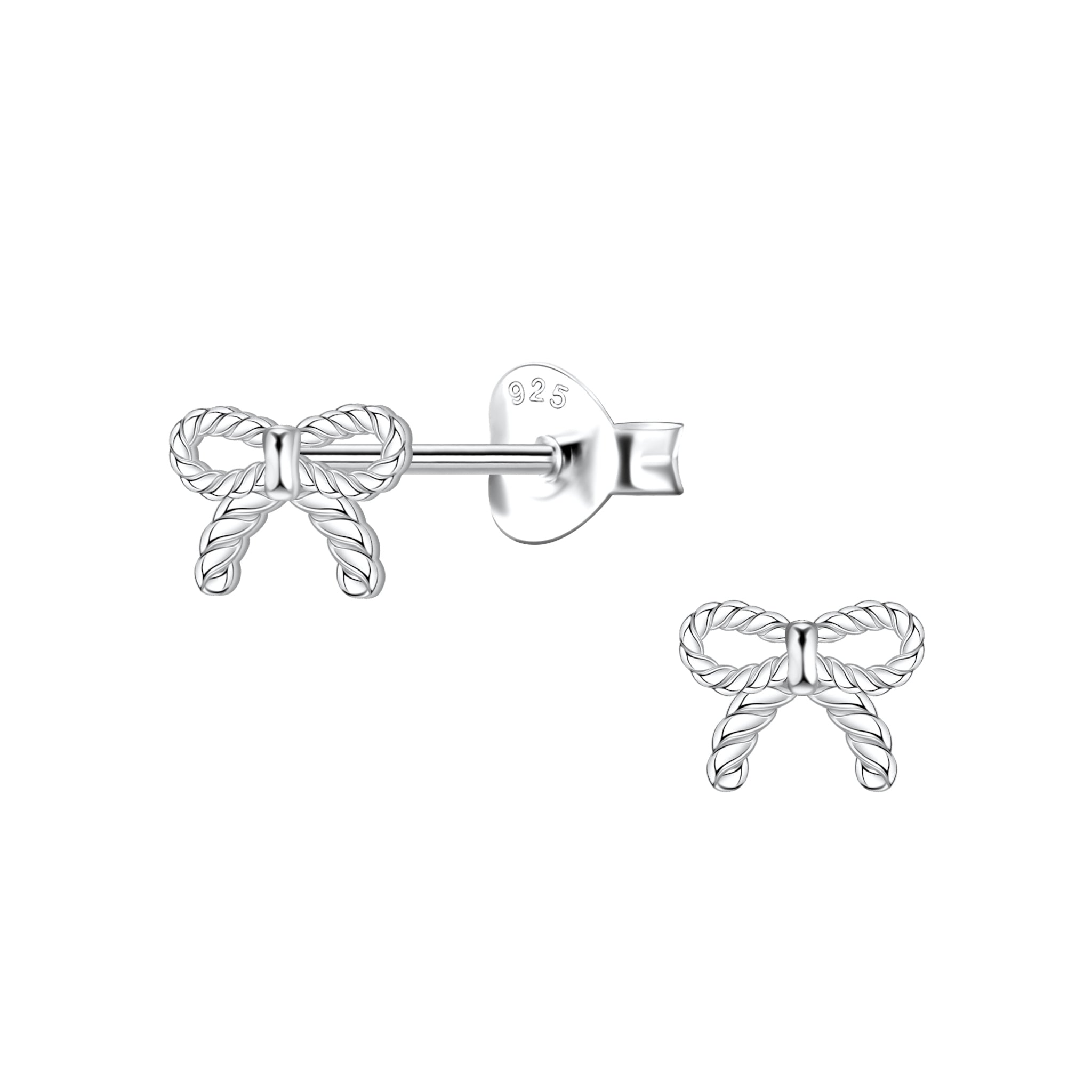 Silver twisted bow-shaped stud earrings on a white background