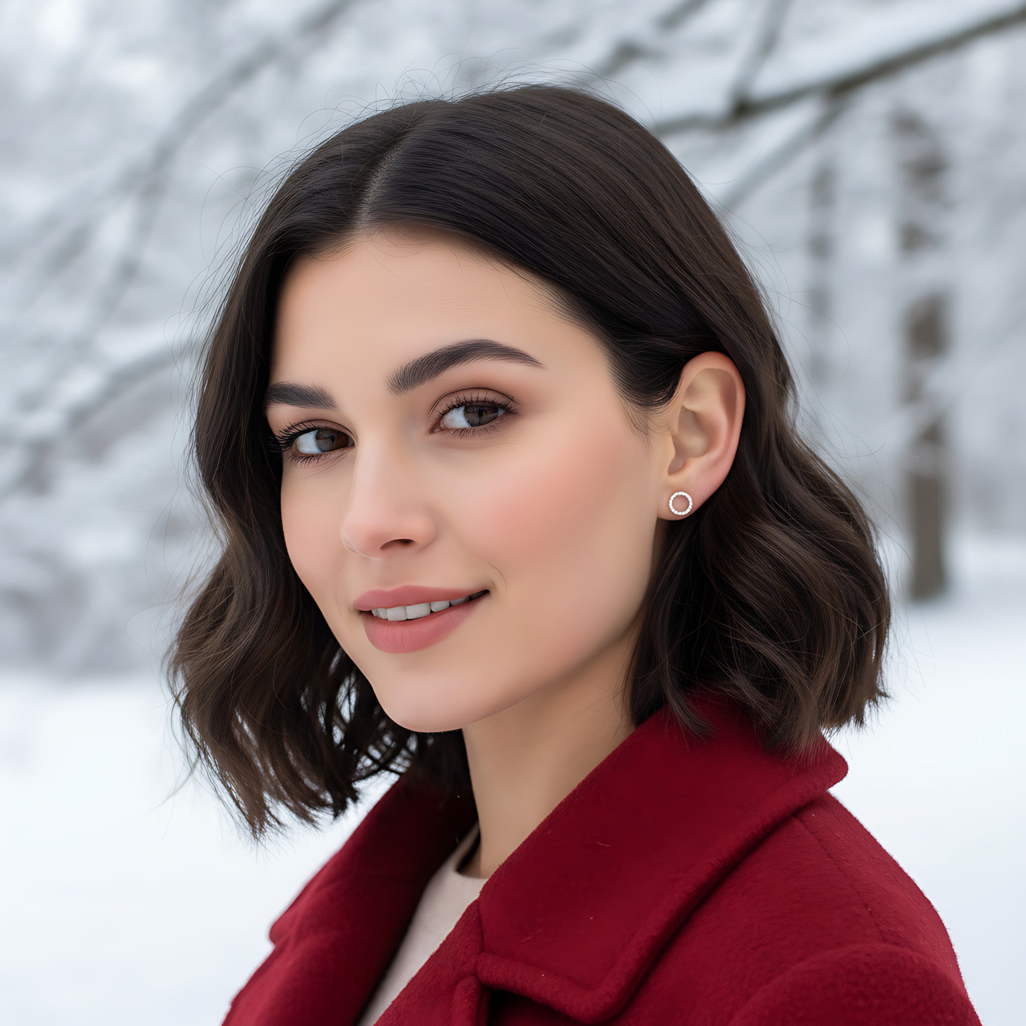 Woman wearing a red coat and twisted circle stud earring in a snowy forest